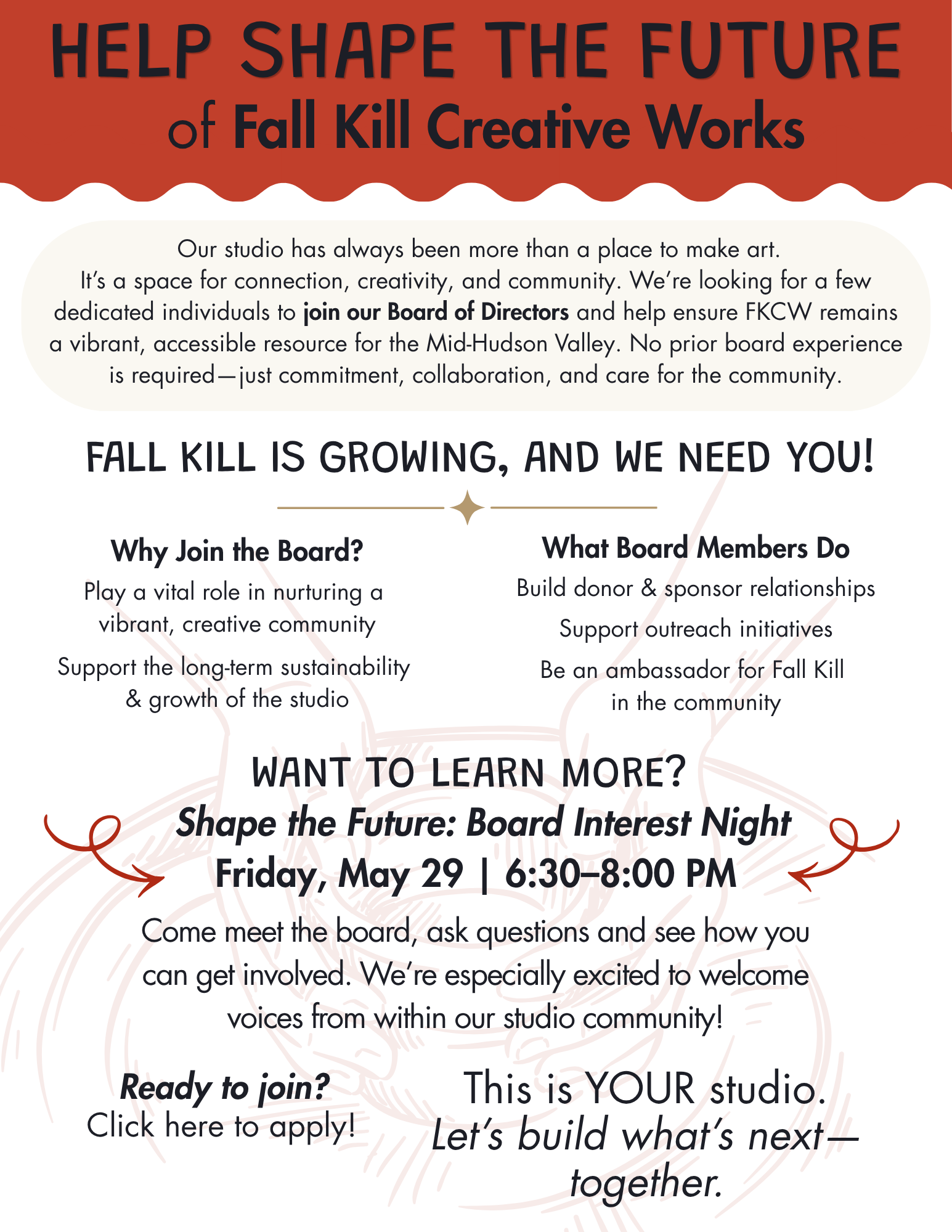 Fall Kill Creative Works board recruitment event in Poughkeepsie, NY