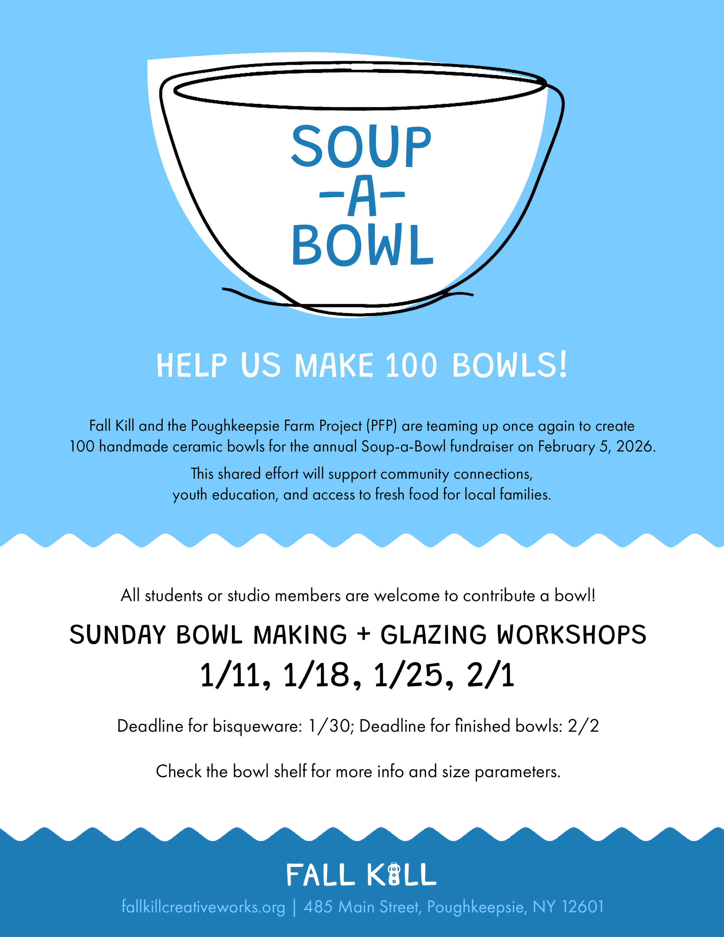 Flyer from Fall Kill promoting a community project to make and glaze 100 handmade ceramic bowls for a fundraiser