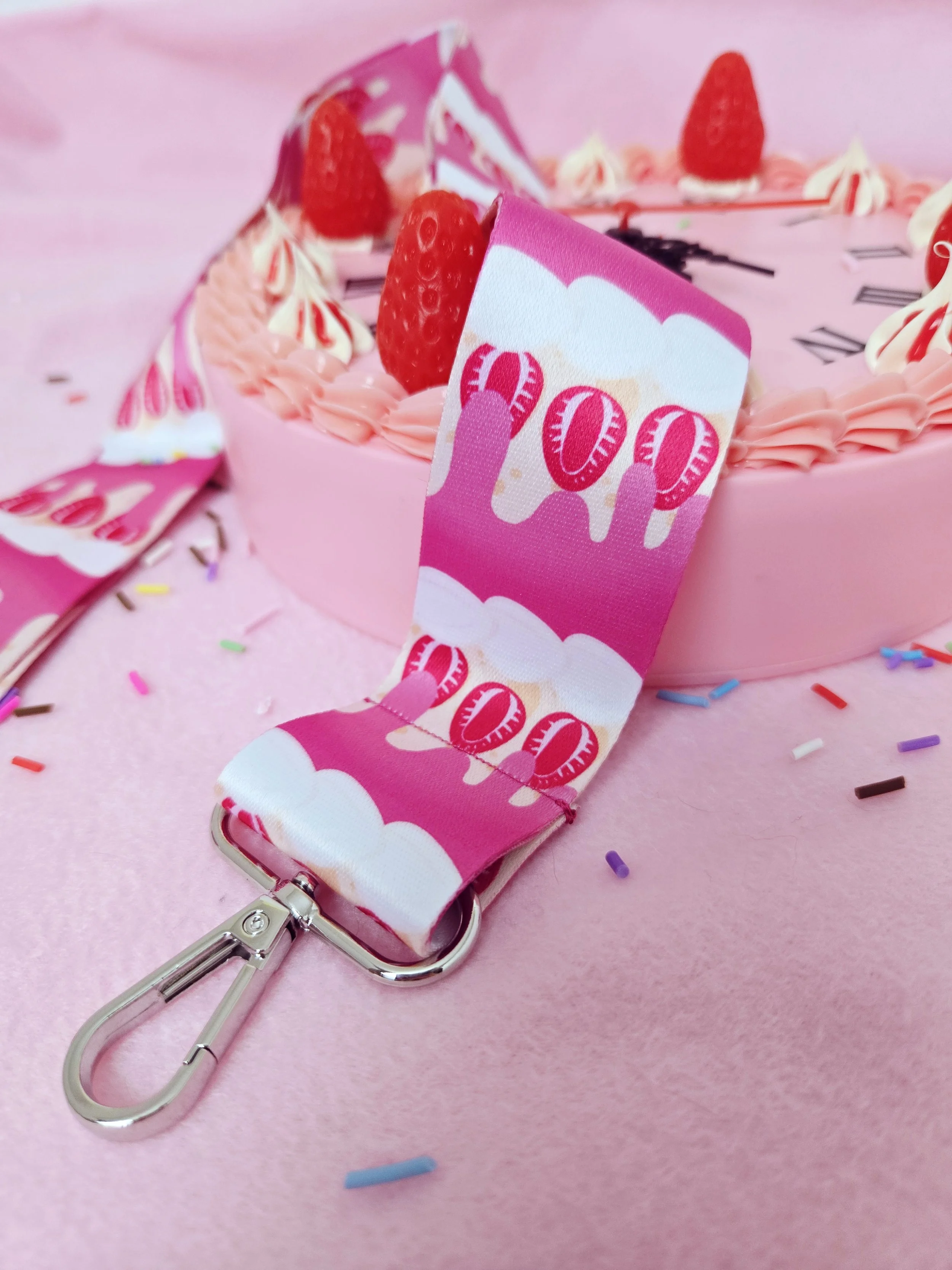 MISPRINT - Wide drippy strawberry cake lanyard