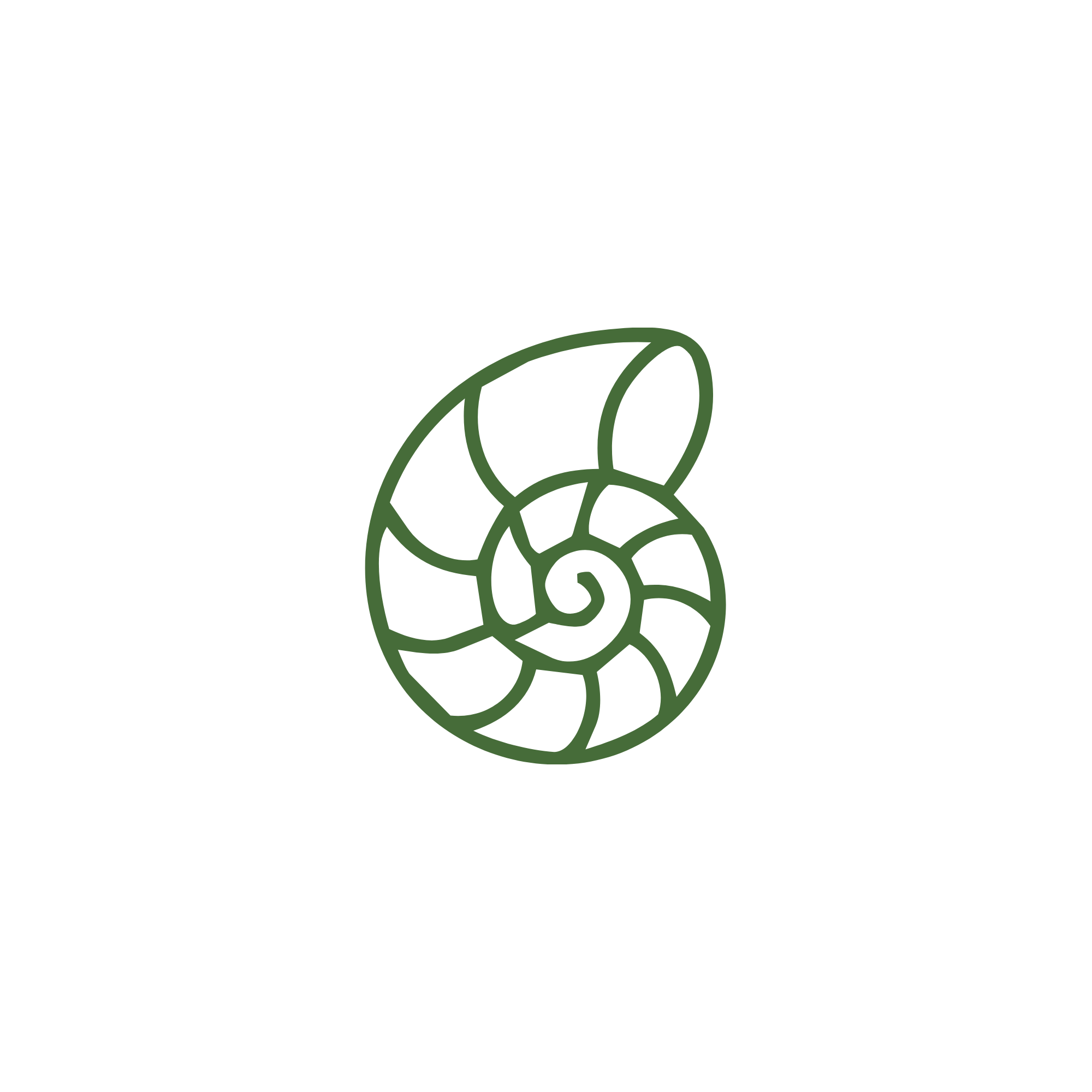 A line drawing of a green spiral seashell