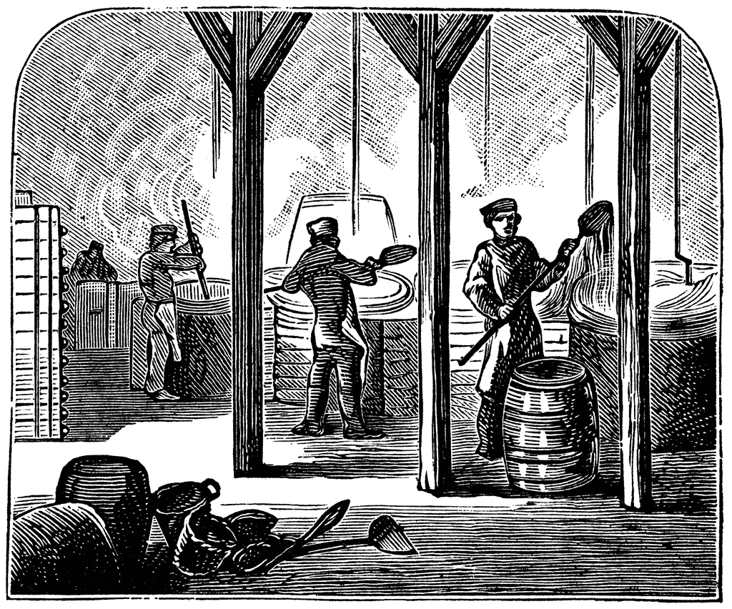 Black and white illustration of workers in a soap factory, some pouring liquids, others stirring or working with barrels, with tools and barrels on the ground.
