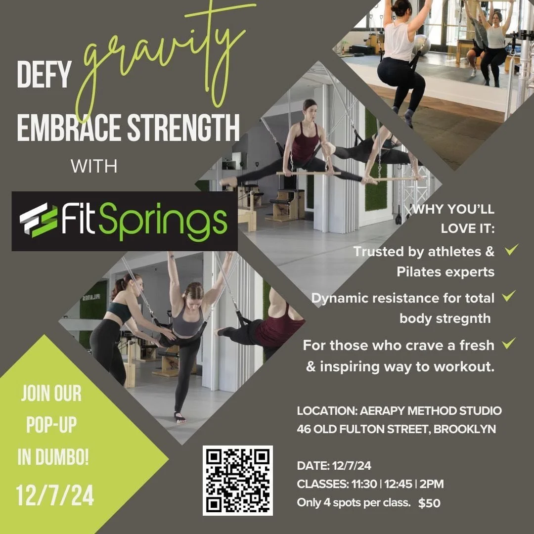 Here&rsquo;s a great way to bounce back! Aerapy Method is thrilled to feature a very special fitness pop up with FitSprings &mdash; on Dec 7th in our dumbo studio. We love the cardio &amp; are literally jumping for joy&mdash;This is a one day event y