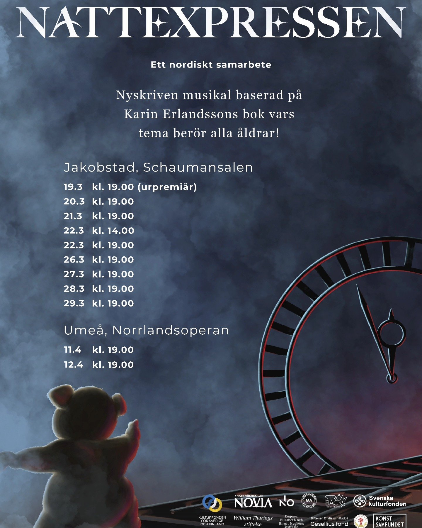 F&ouml;rest&auml;llningsdatum i Jakobstad: 19, 20, 21, 22, 26, 27, 28, 29.3
Biljetter: www.netticket.fi/nattexpressen 

F&ouml;rest&auml;llningar i Ume&aring;: 11.4 &amp; 12.4
Biljetter: www.norrlandsoperan.se