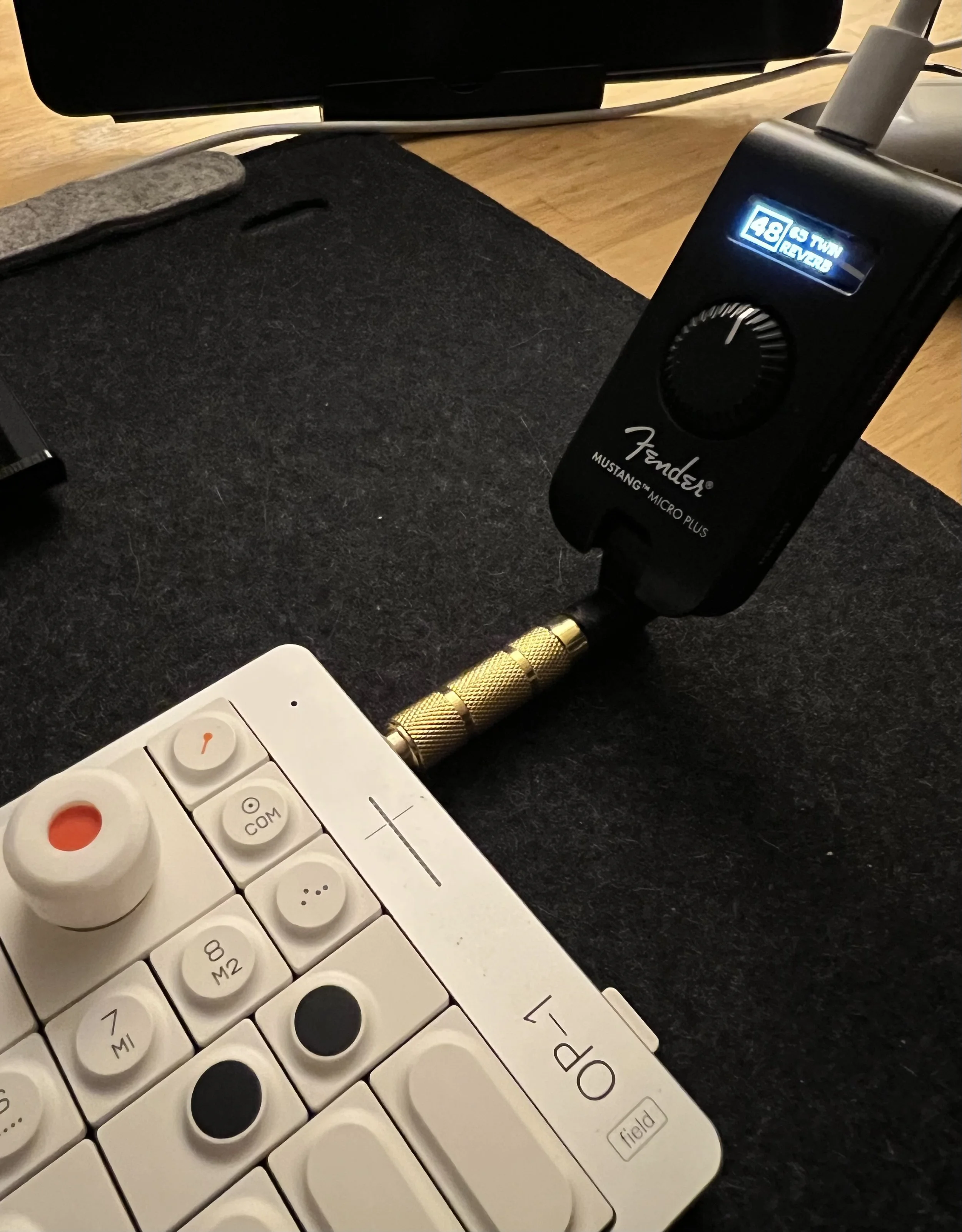 OP-1 and the Fender Mustang Micro Plus.