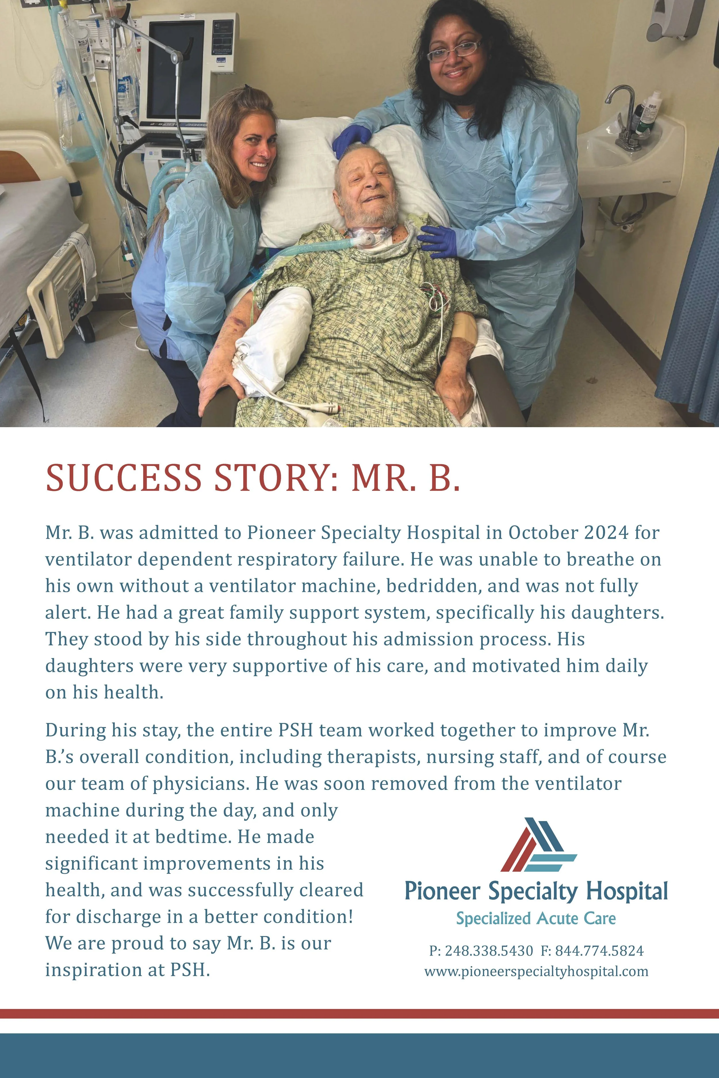 Hospital room with a patient in bed, two female nurses standing on either side, one wearing purple gloves, all smiling for the photo.