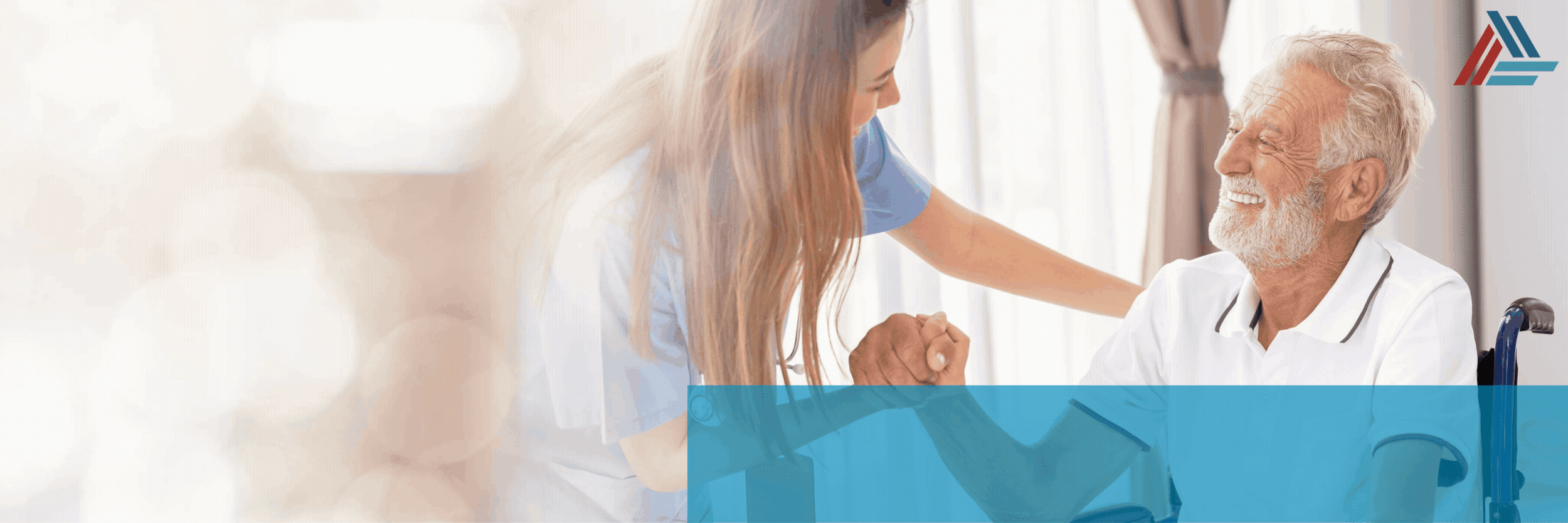 Nurse helping elderly man in wheelchair smile and shake hands