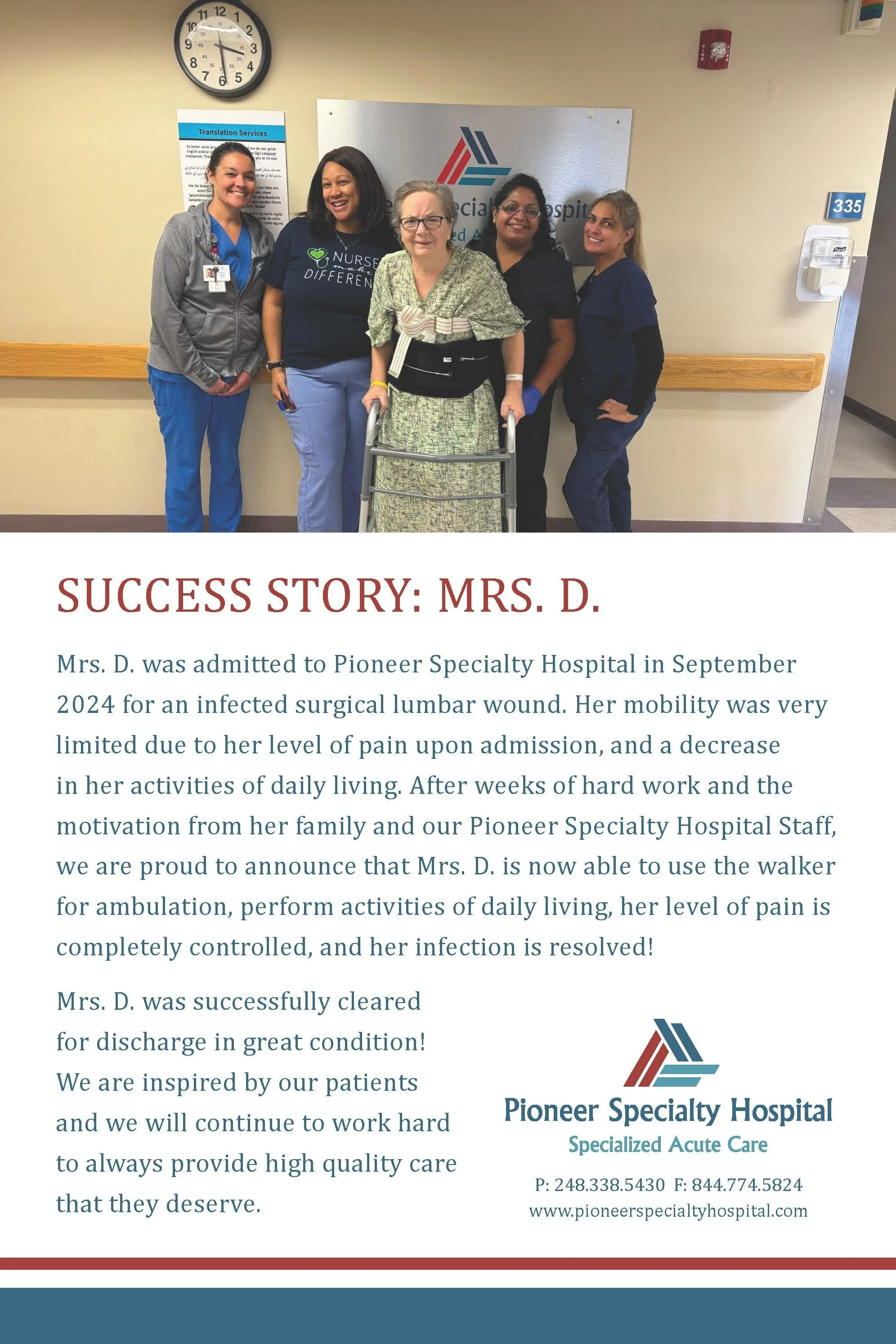 A group of five women, including a patient with a walker and four healthcare staff, standing together in a hospital corridor in front of a Pioneer Specialty Hospital sign. The patient is in the center, smiling, with the staff around her, also smiling.