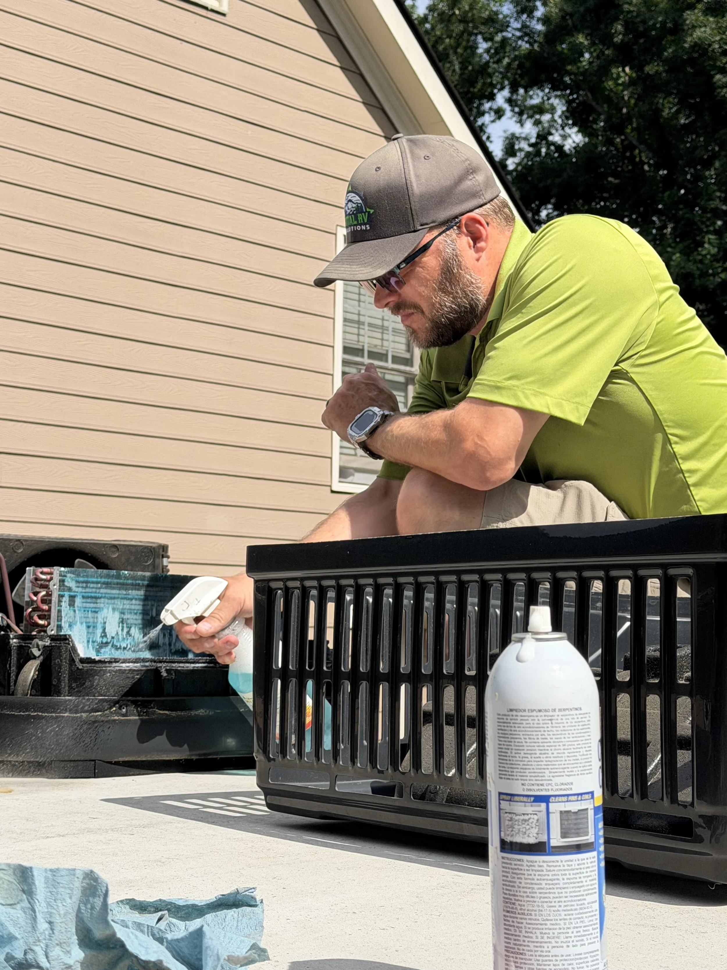 Clean RV air conditioner coil after annual maintenance