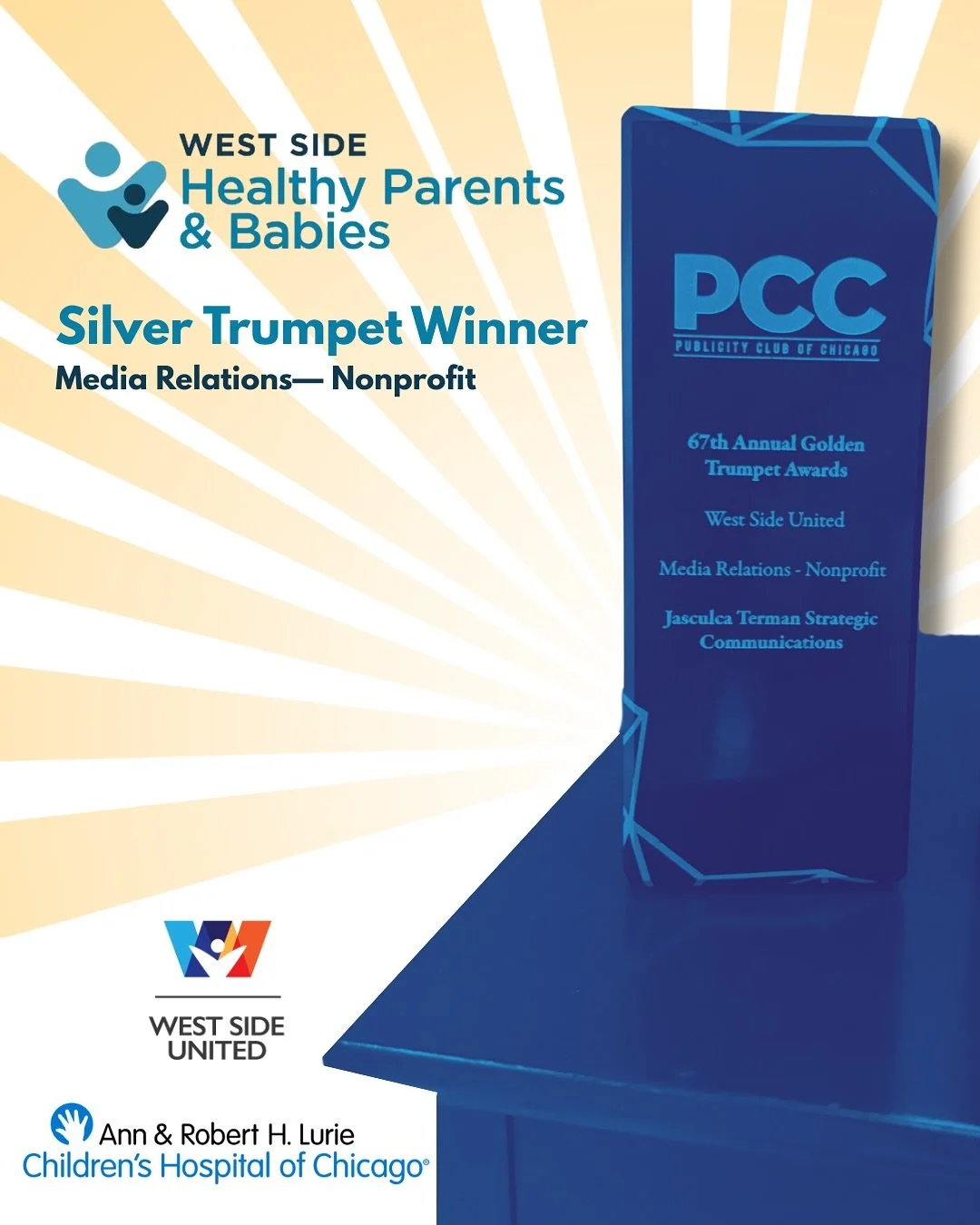 Last week, Jessica Morrissette, WSU&rsquo;s EA, proudly represented West Side United and West Side Healthy Parents &amp; Babies &mdash; taking home Silver at the @publicityclubofchicago Awards! 🏆💙
&nbsp;
In partnership with @luriechildrens and with
