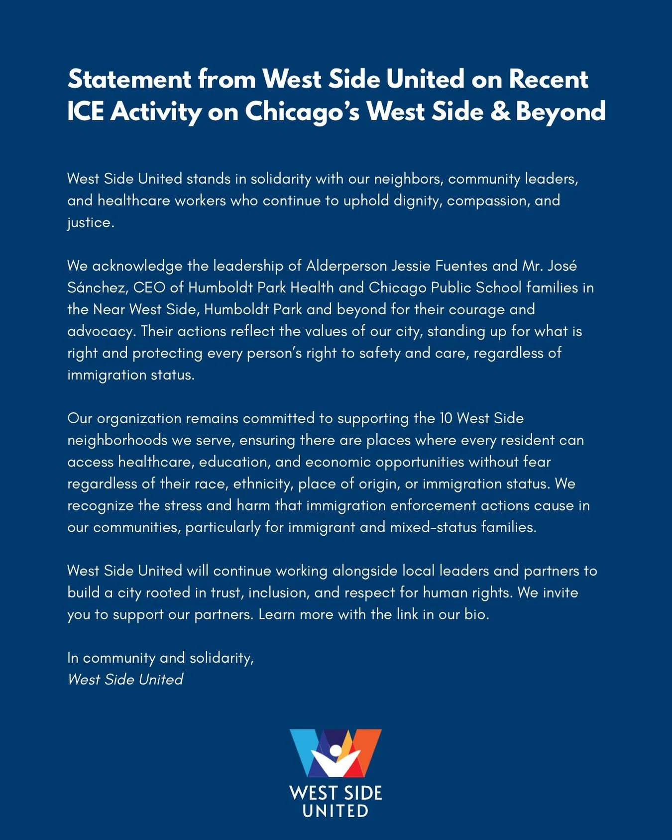 We at West Side United stand in solidarity with our community in these hard times. Our organization stands strong in our mission to serve West Side residents and neighborhoods.
Join our partners at The @resurrectionproject on October 18th as they s