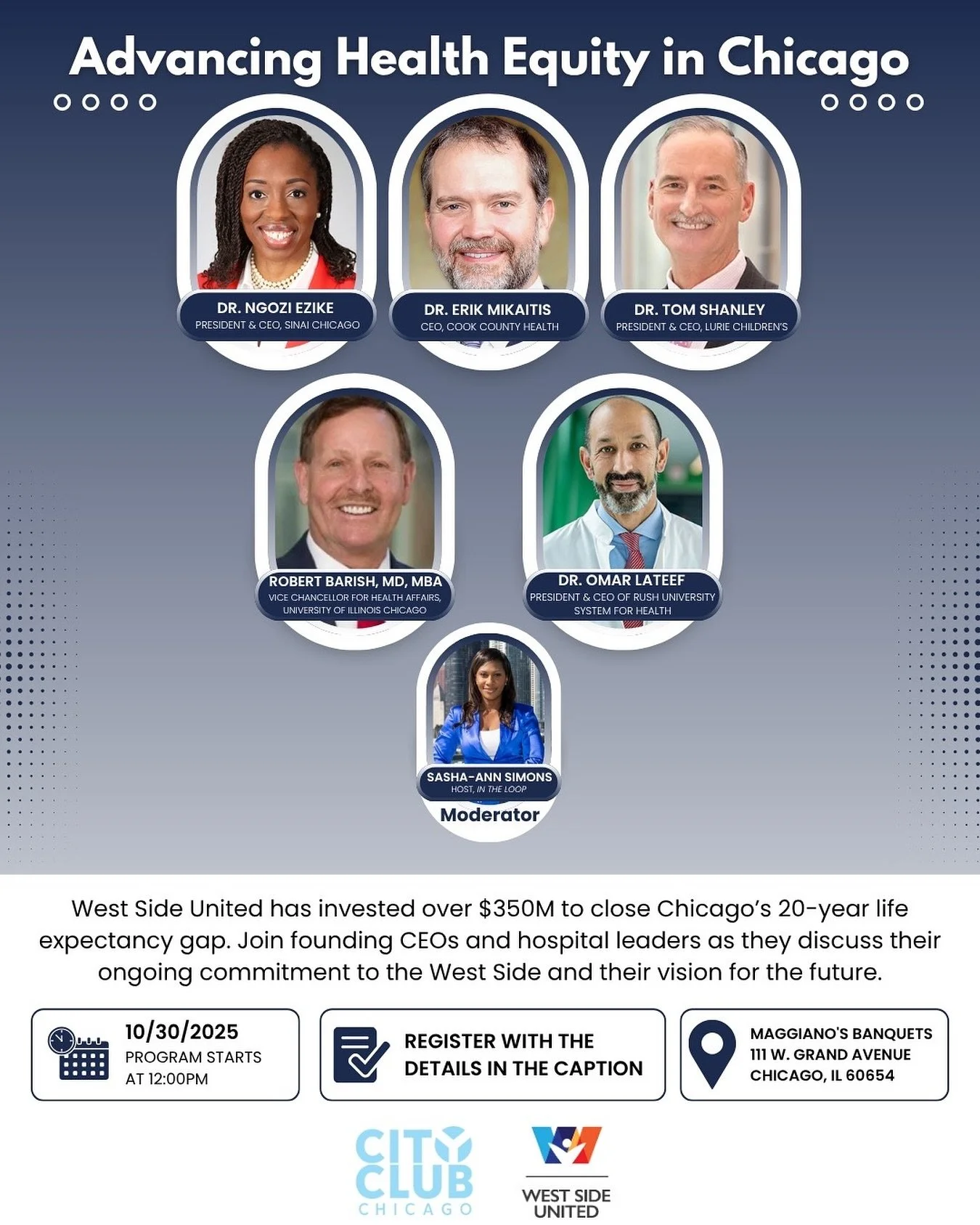 We&rsquo;re one week away from West Side United&rsquo;s Advancing Health Equity in Chicago panel, generously hosted by @cityclubchicago.

Since 2017, West Side United and its partners&mdash;including RUSH, Lurie Children&rsquo;s, Cook County Health, 