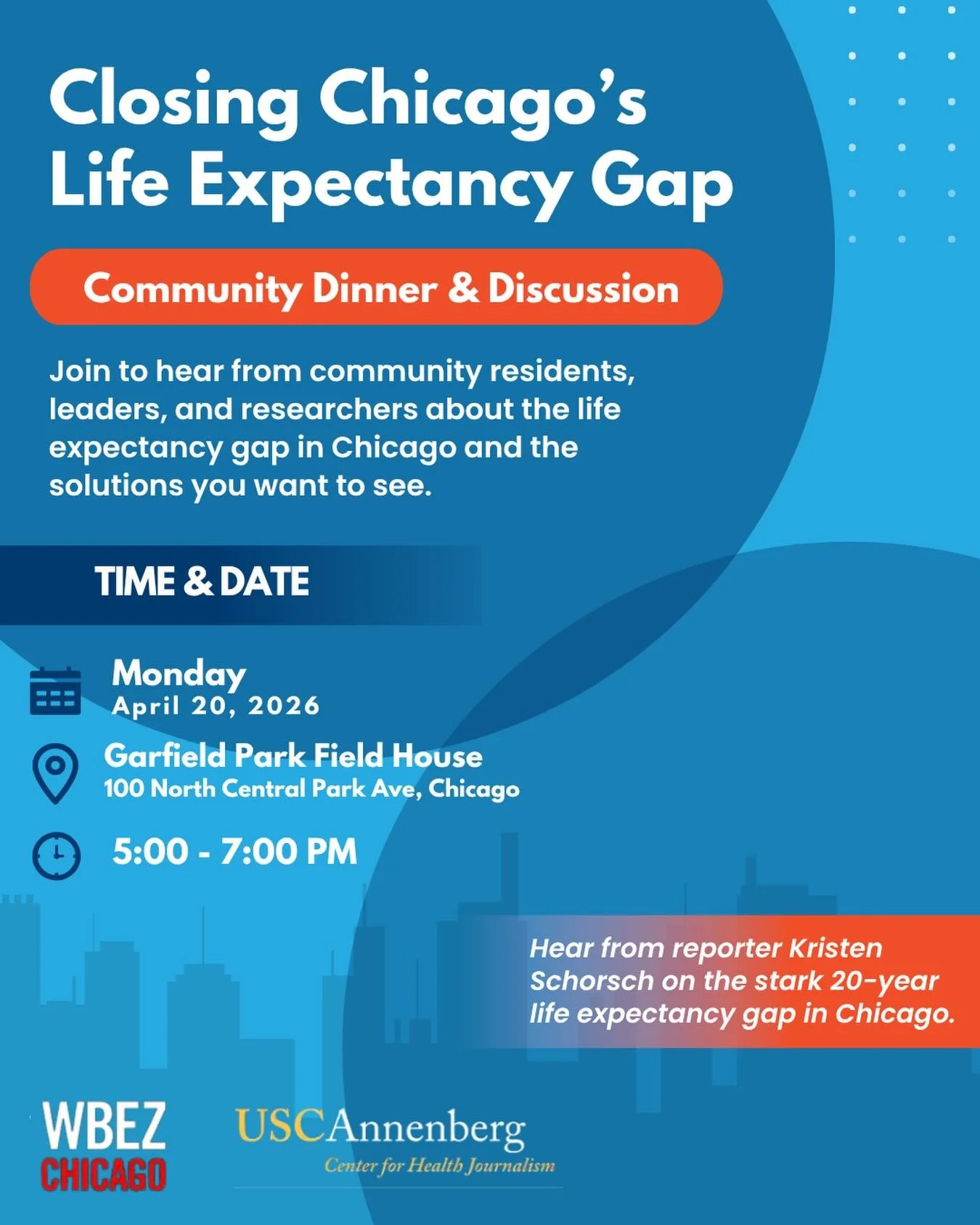 Join @wbezchicago for a community dinner and discussion on April 20 alongside residents, leaders, and researchers to share your experiences about the life expectancy gap in Chicago and come up with the solutions you&rsquo;d like to see.&nbsp;

With t