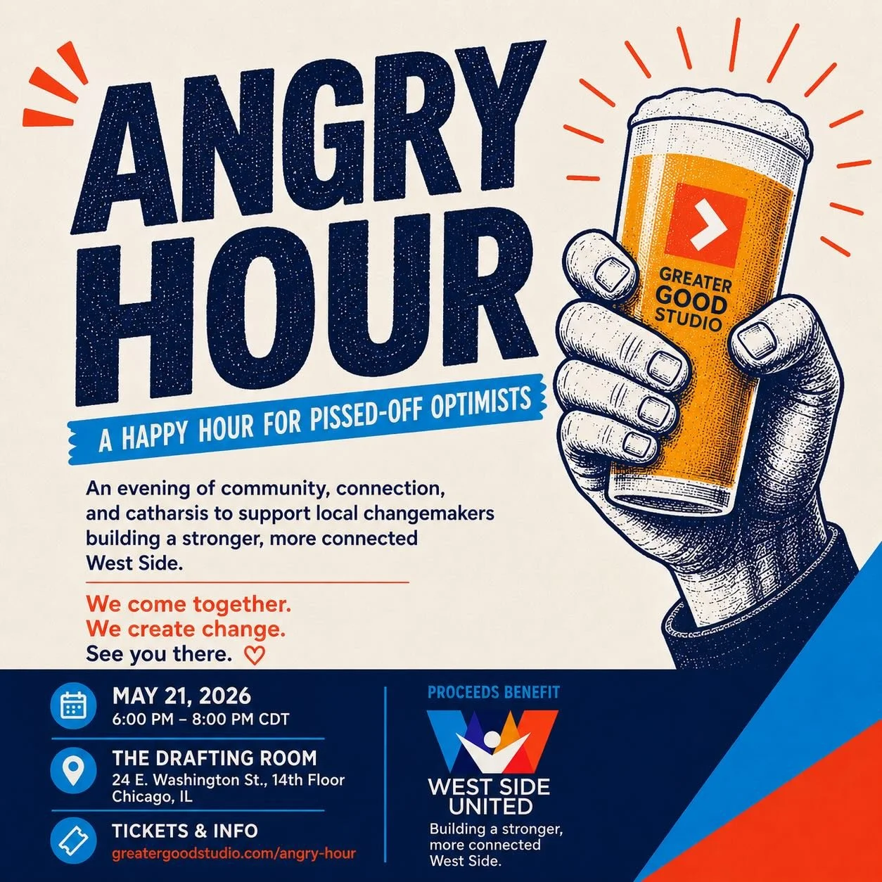 West Side United is proud to be the nonprofit partner for Angry Hour hosted by @greatergoodstudio 🍻

Join us for an evening of community, conversation, and collective action as we gather with neighbors and changemakers working toward a stronger, mor