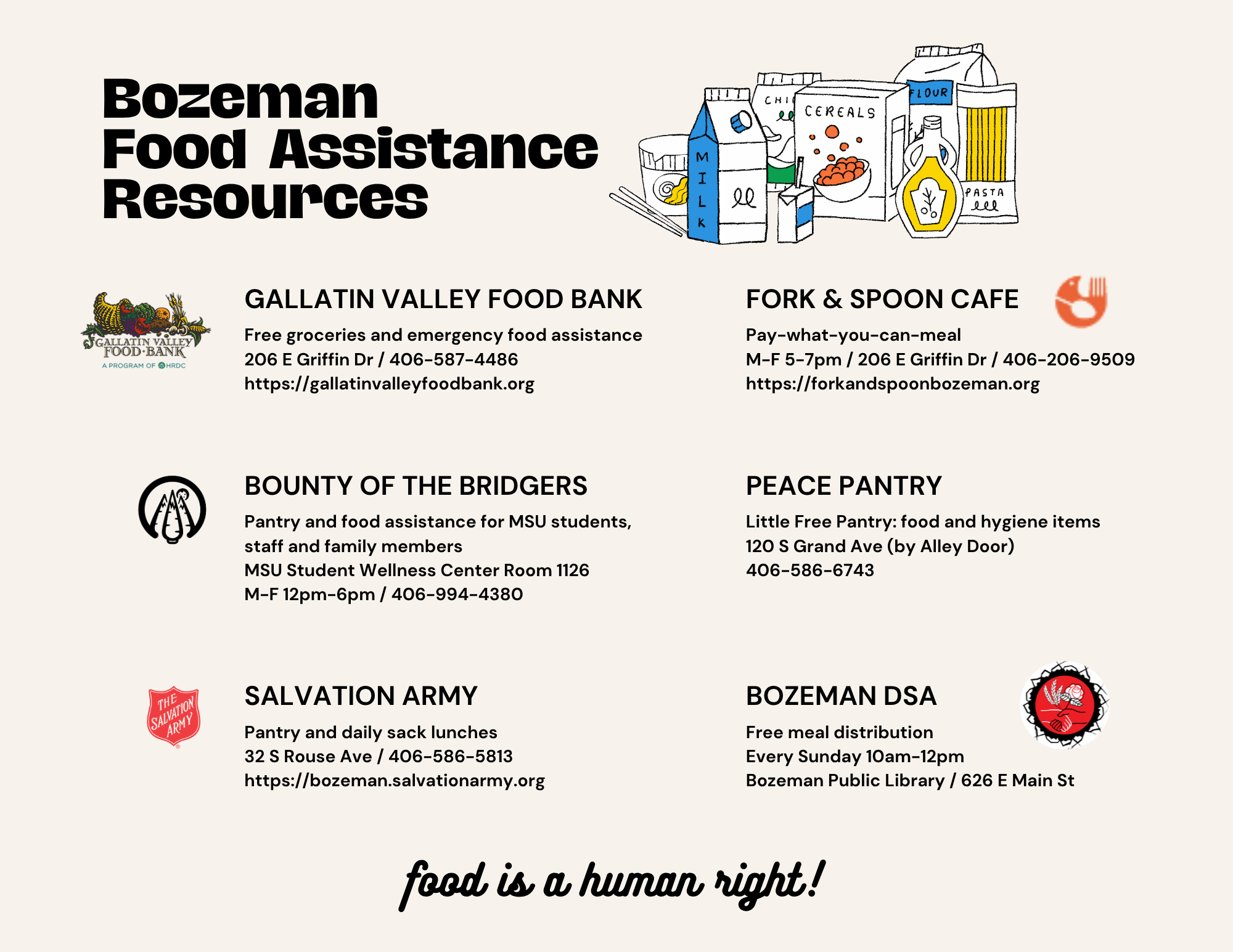 Flyer for Bozeman Food Assistance Resources featuring logos of local food banks and organizations, contact information, and their provided services.
