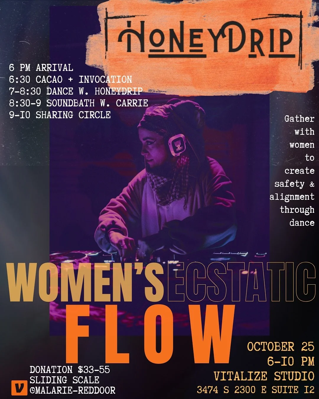 🍁 OCTOBER 25 🍁

WOMEN&rsquo;S ECSTATIC DANCE FLOW 

I am beyond STOKED to be DJ&rsquo;ing for this event!! 

Join us for an all women&rsquo;s dance in SLC at @vitalizeslc 

It&rsquo;s going to be LIIIIIIIT 🎧🔥

Come prepared to dance with + in the