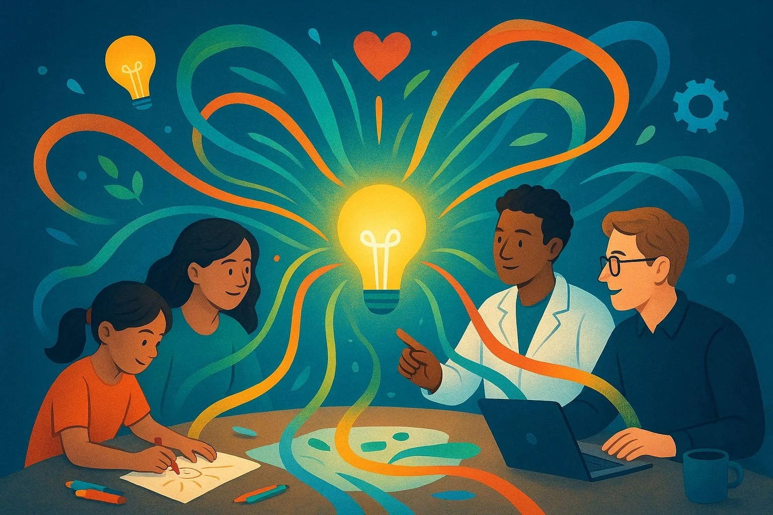 A diverse group of people, including children and adults, gathered around a table with a laptop and drawing supplies, engaging in a creative discussion about ideas symbolized by a bright lightbulb and colorful lines emanating from it.