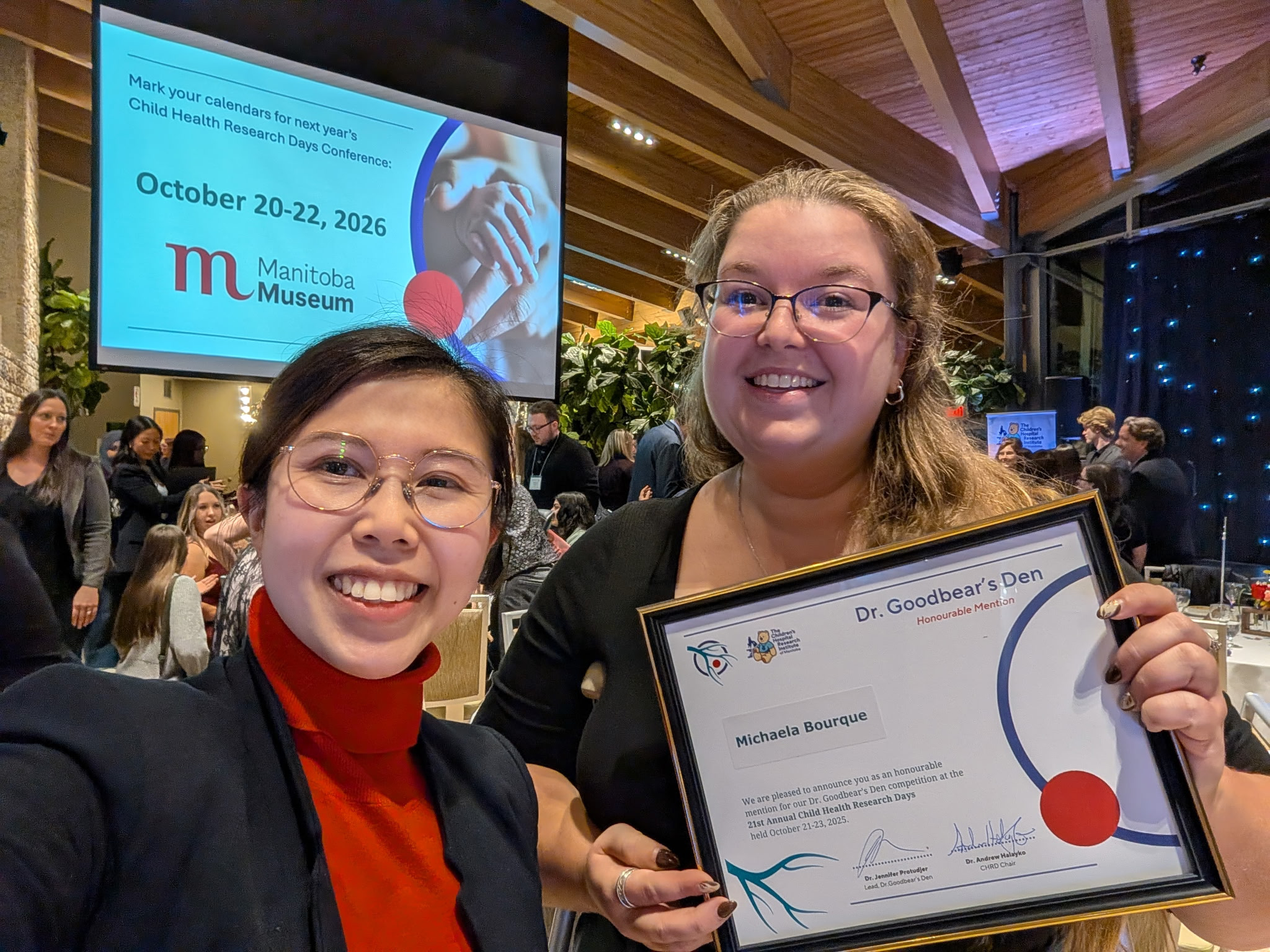 21st Annual Child Health Research Days Awards Dinner (Winnipeg MB, October 2025) — Left to right: Clara Tam and Michaela Bourque