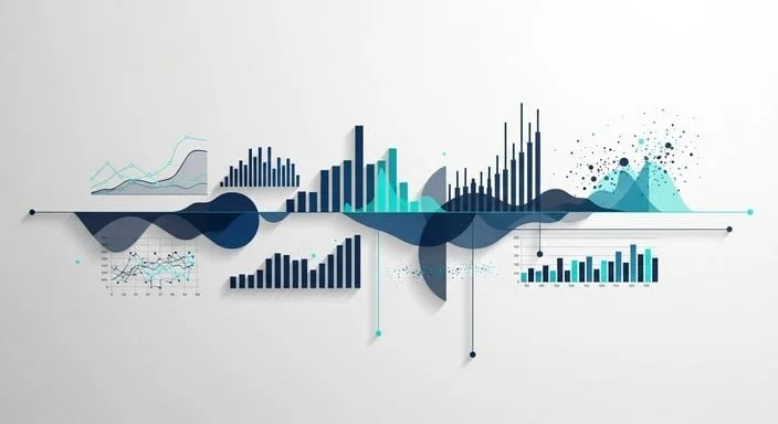 Abstract digital data visualization with various bar charts, line graphs, and waveforms in shades of blue and black.