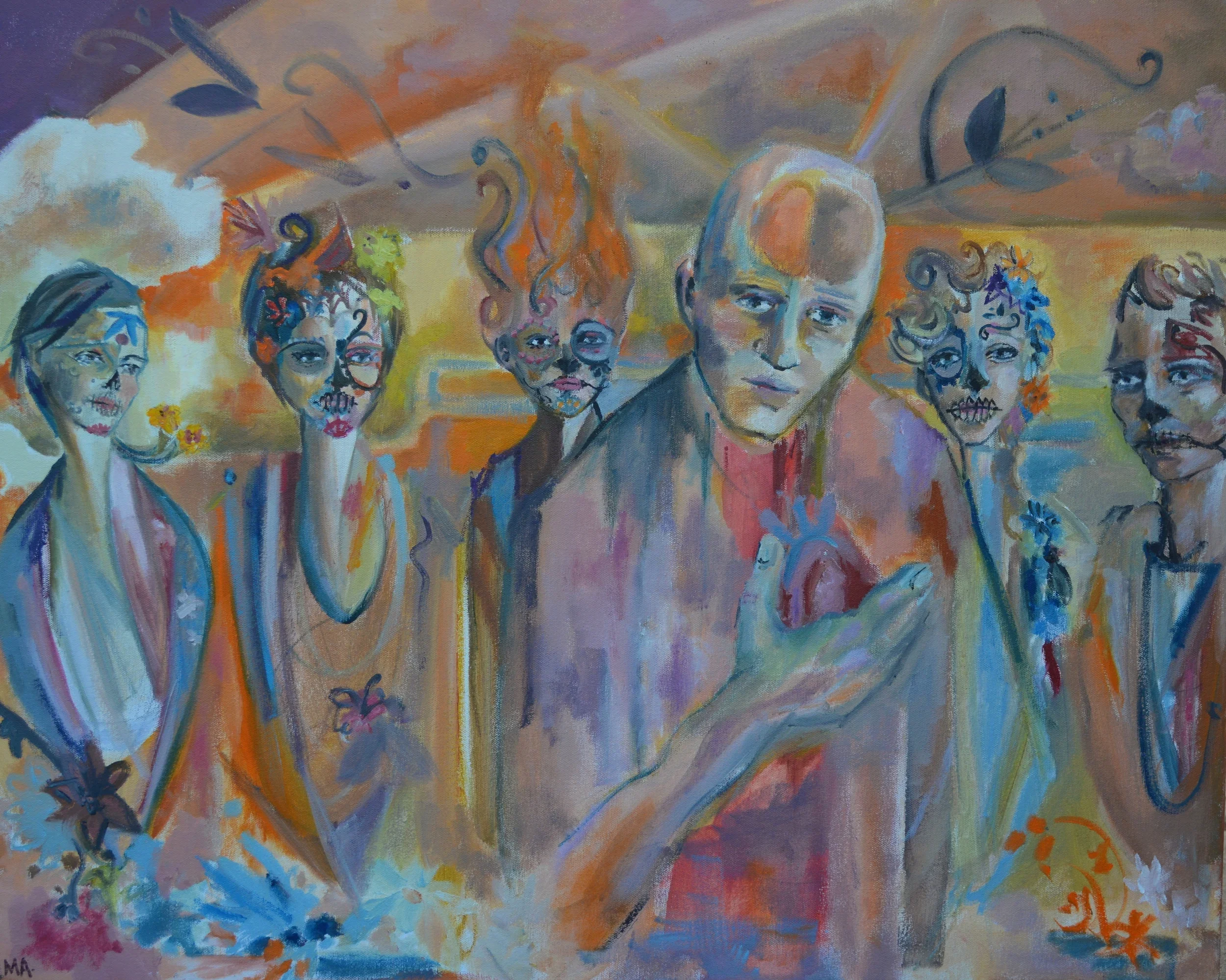 A colorful painting of an individual surrounded by six people with skeletal makeup and floral accessories, set against a vibrant background with warm tones and abstract elements.