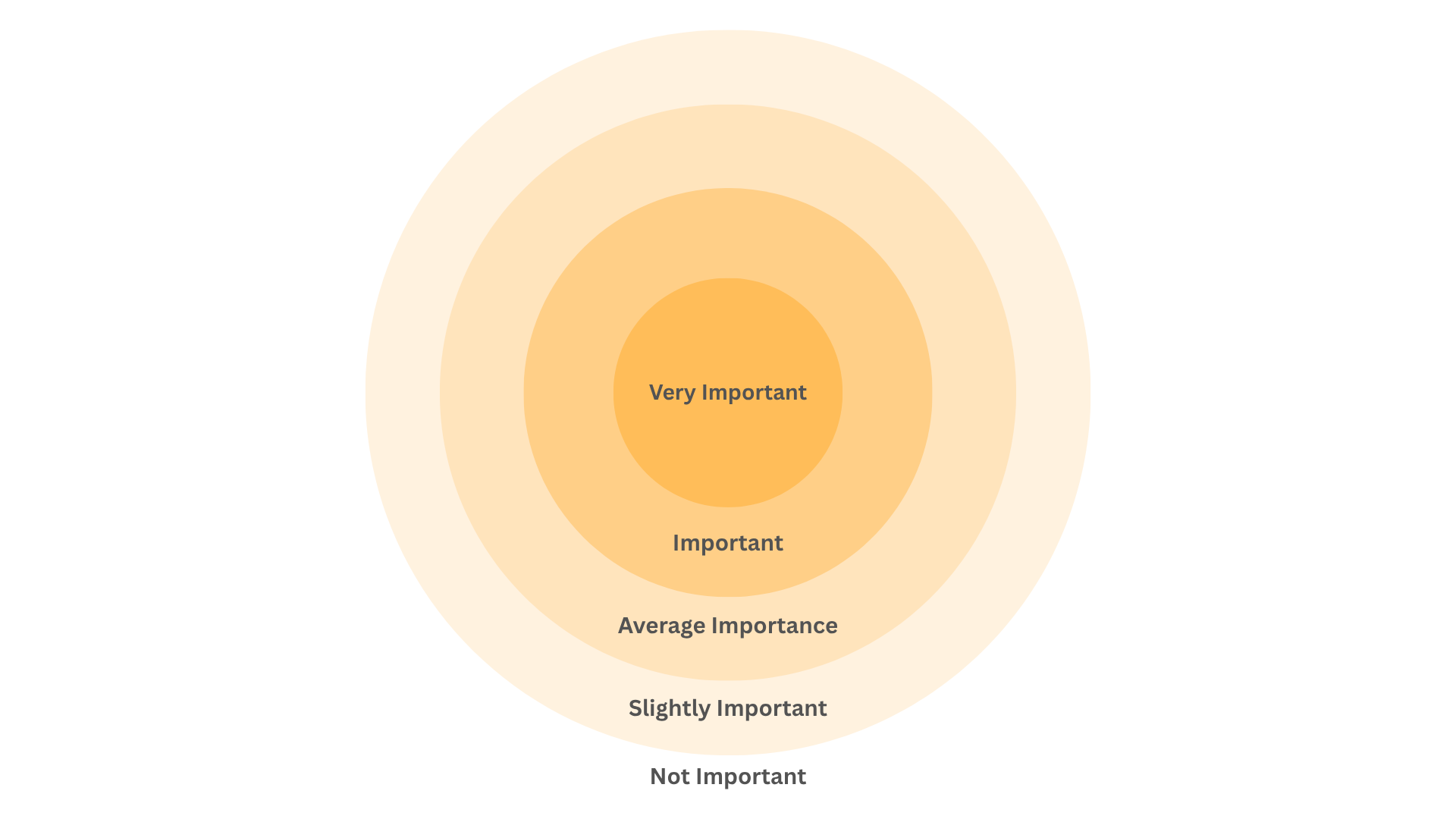A concentric circle chart with five layers labeled from the center outward as: Very Important, Important, Average Importance, Slightly Important, Not Important, indicating varying levels of importance.