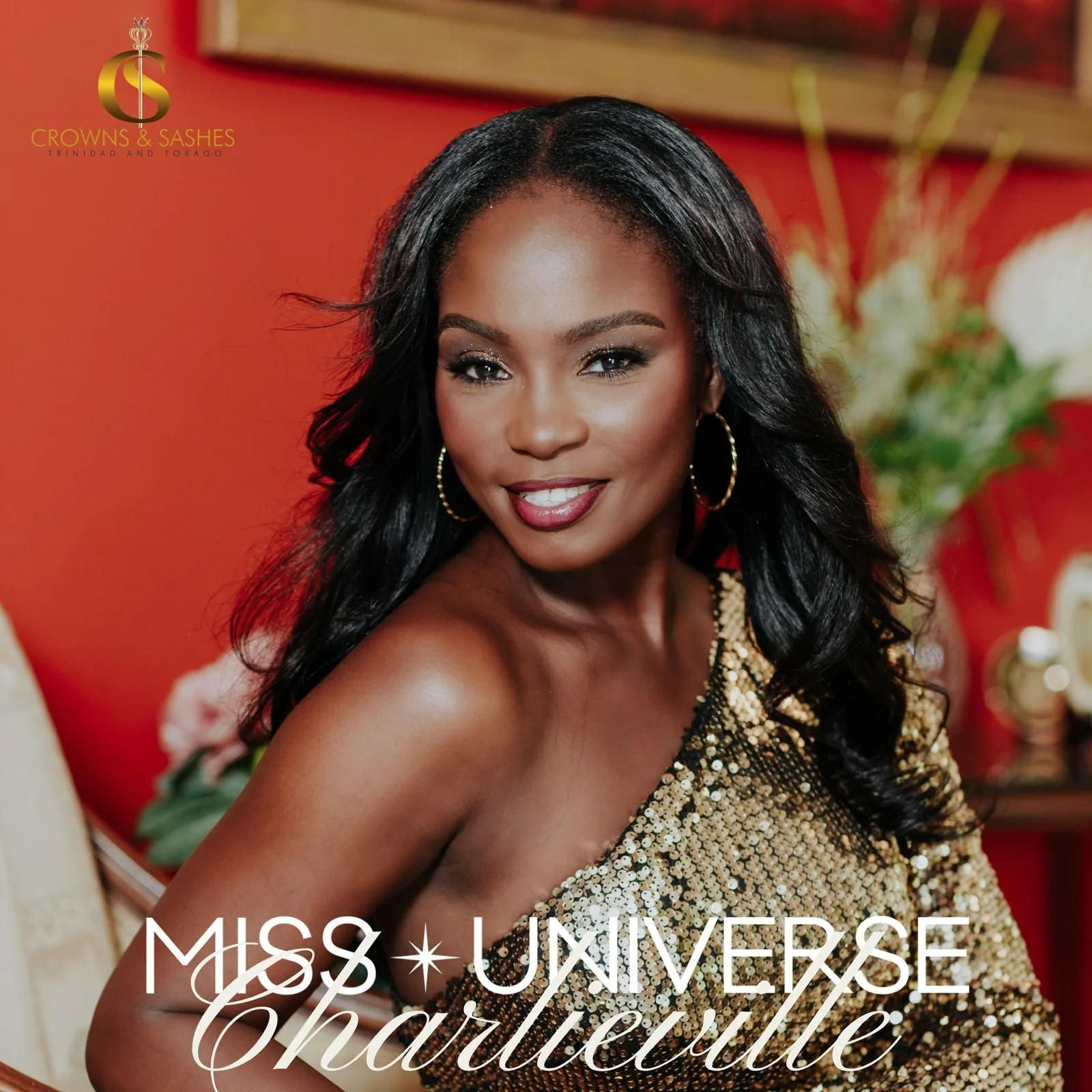 Portrait of Miss Universe Charlotte in a gold sequin dress, smiling with long black hair, earrings, against a red background with flowers and a logo in the top left corner.