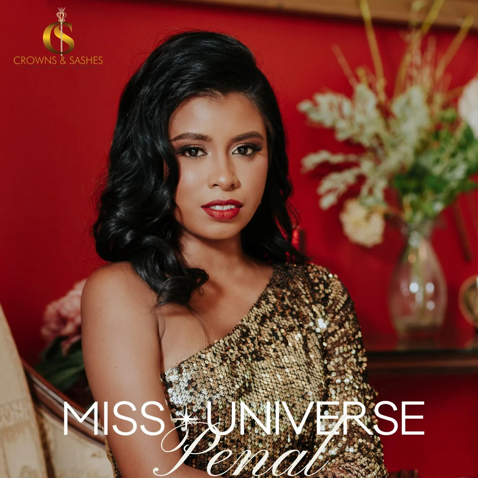 A woman with black, wavy hair wearing a gold sequined dress, posing in front of a red background with floral arrangements. The image features the Miss Universe Pakistan logo.