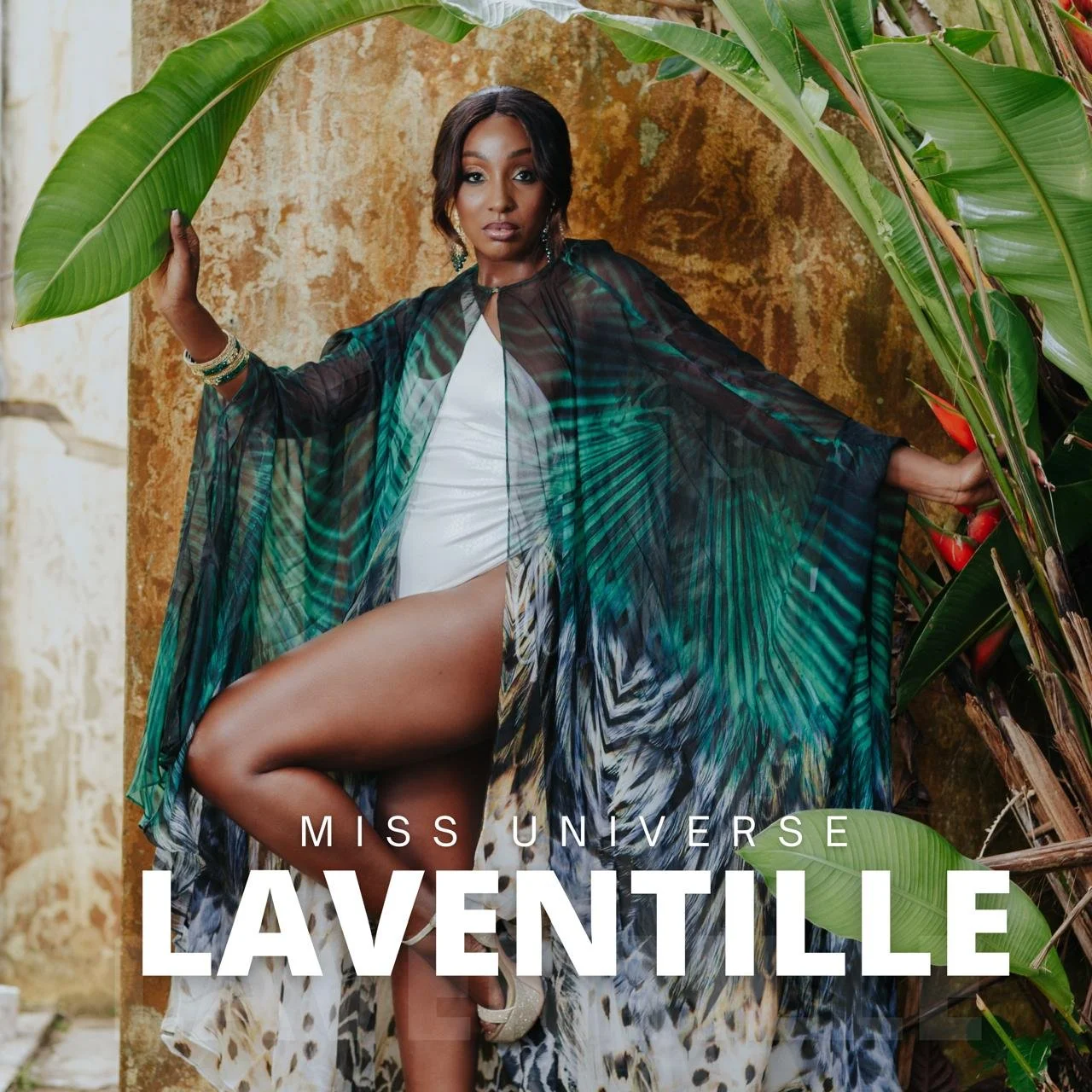 Miss Universe LaVENTILLE posing among large green tropical plants with a textured yellowish background, wearing a black and green sheer robe over a white dress, with jewelry and high heels.