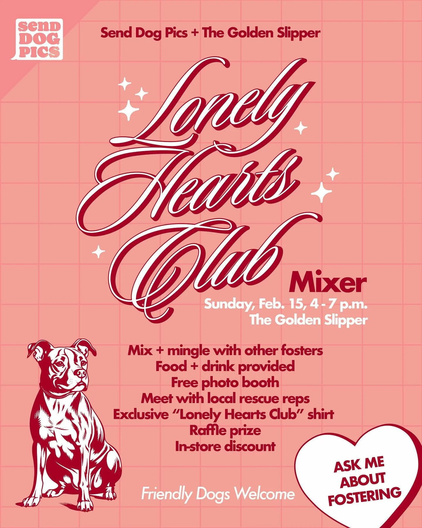 Join us for our first ever 

&hearts;️Lonely Hearts Club mixer!🐶

You&rsquo;re invited if you foster or are interested in fostering. @thegoldenslippernashville will be hosting us for a fun evening of mingling, raffle prizes, discounted shopping and 