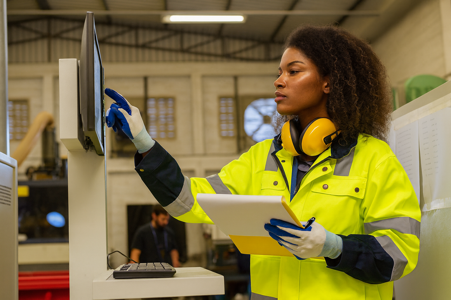Female industrial engineer performing quality control on automated manufacturing equipment inside a modern production facility.