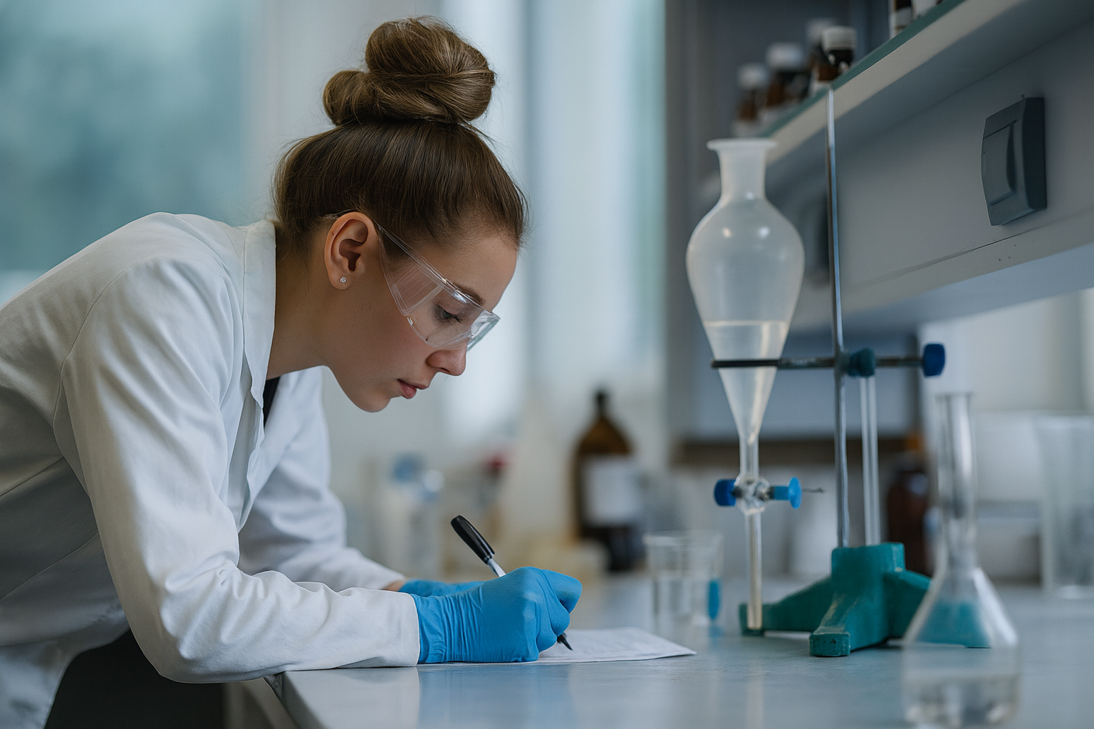Female scientist working with laboratory glassware and analytical instruments in a research lab, demonstrating precise measurement and testing.