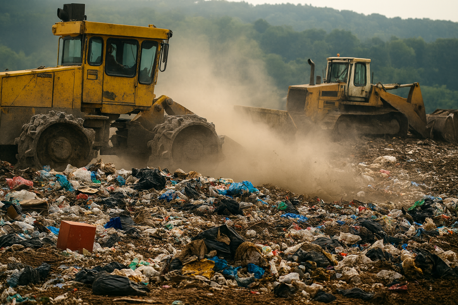 Heavy machinery operating on a landfill site for landfill gas management and environmental monitoring of methane and emissions.