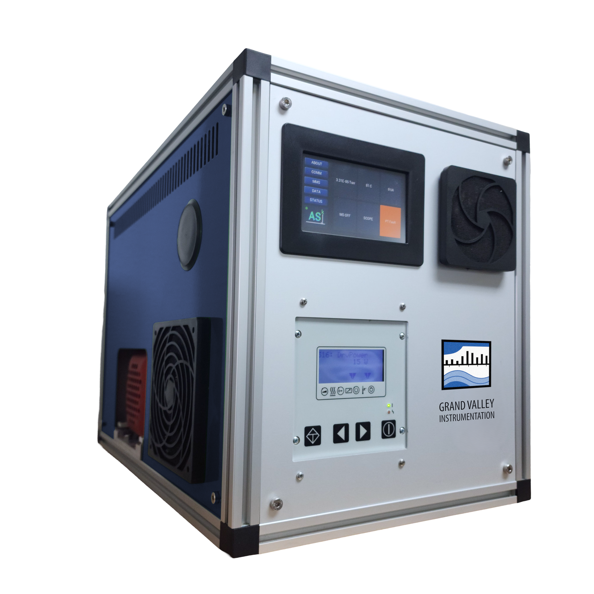 Portable mass spectrometer developed by Grand Valley Instrumentation for high-sensitivity gas analysis with onboard calibration and data acquisition software.
