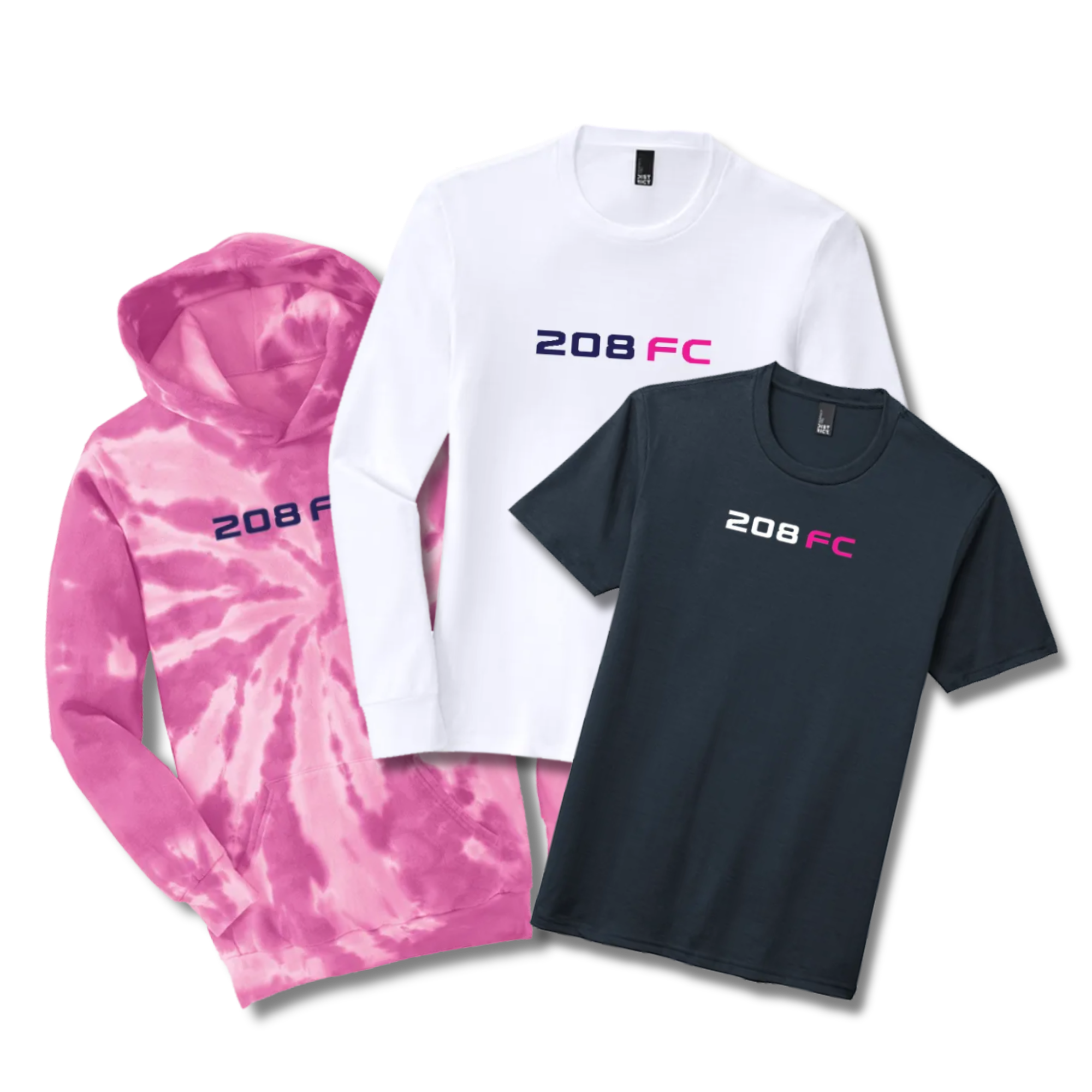 An assortment of logo'd team gear from the 208 FC Team store