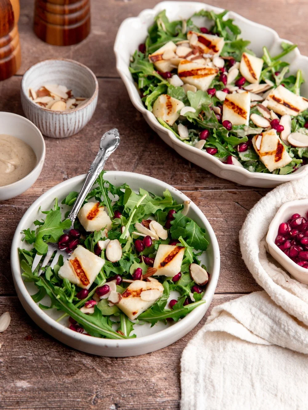 Grilled Halloumi Salad with Almonds, and Tahini Dressing