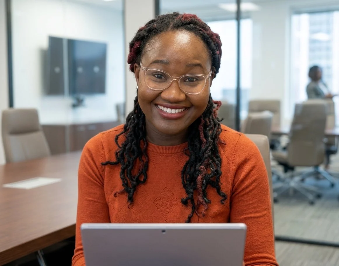 Smiling professional executive at a laptop in a modern meeting room