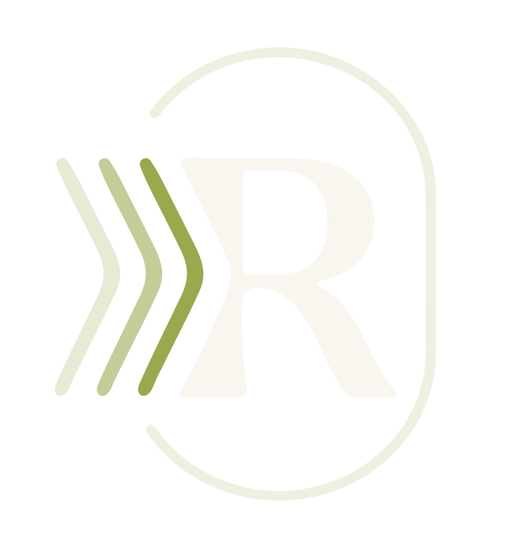 Logo with a large letter R in white, three green wavy lines to the left, and a green oval outline on a black background.