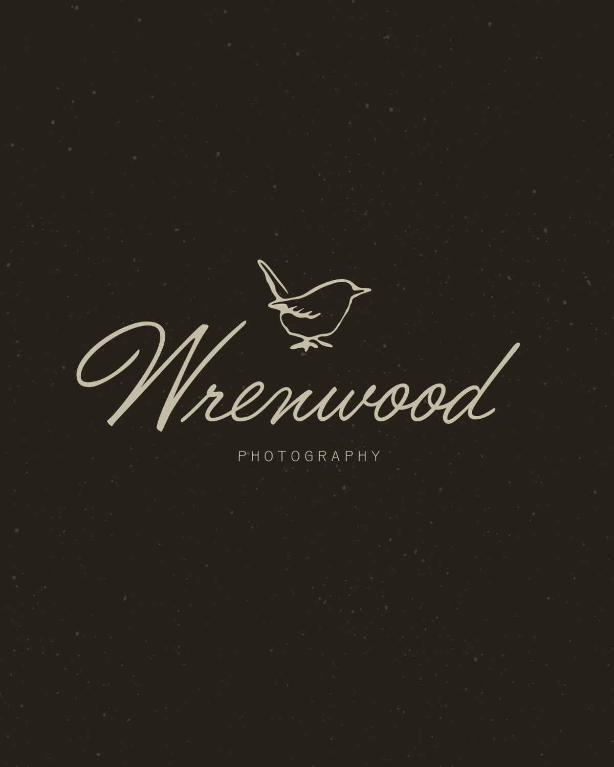 Black background with small white specks, featuring a minimalist line drawing of a bird above the words 'Wrenwood Photography' in elegant cursive font.