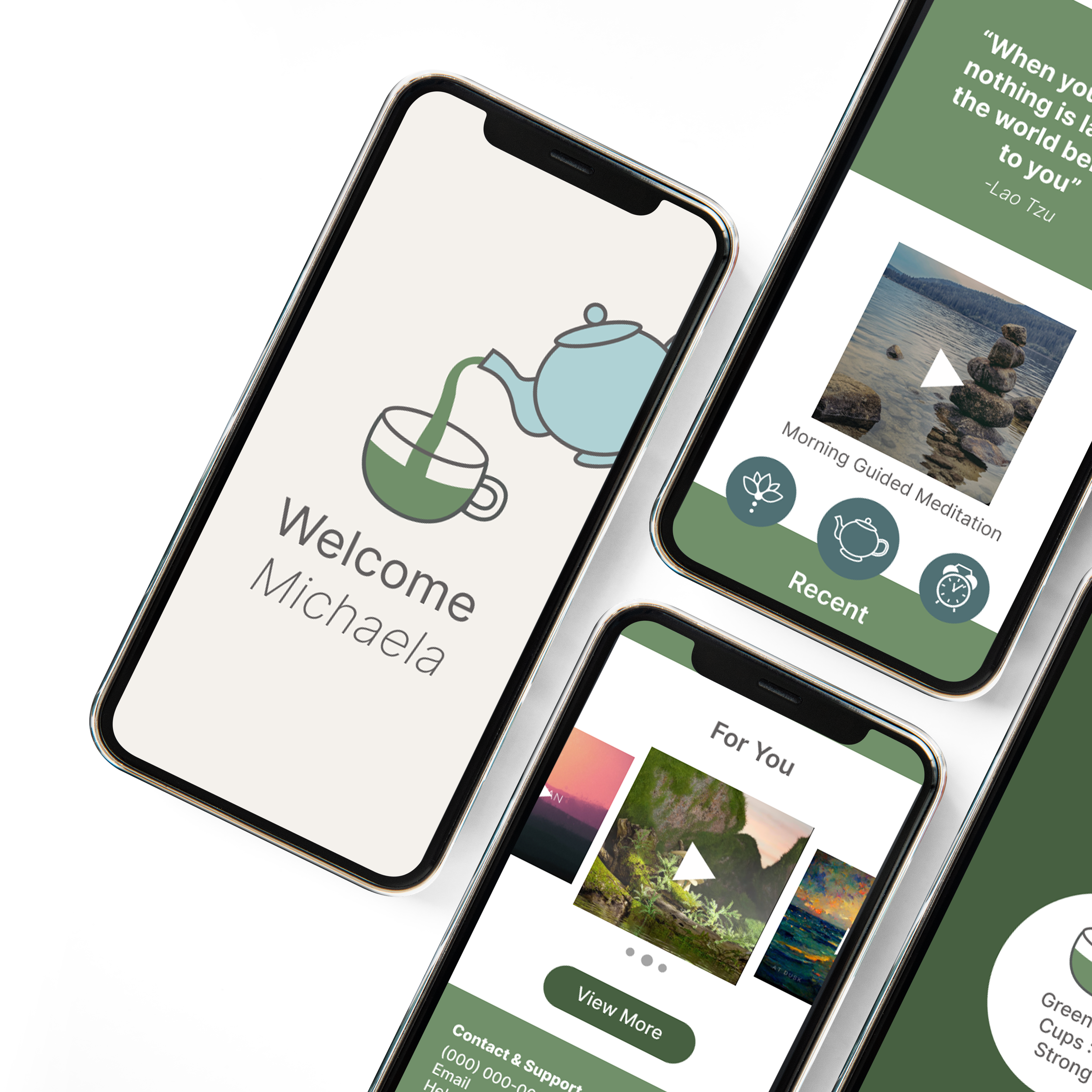 Three smartphones displaying a meditation app interface with sections for welcome, guided meditation, and personalized content, featuring imagery of nature, flowers, and rocks.