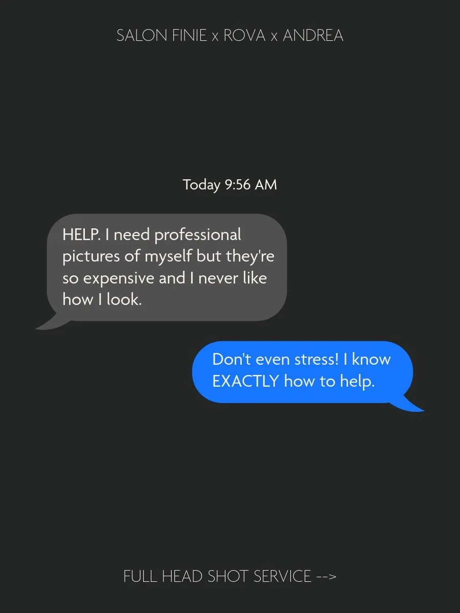 Professional photos shouldn&rsquo;t feel intimidating or out of reach.
That&rsquo;s exactly why we created this ✨

Introducing our Full Head Shot Service with Salon Finie x Rova x Andrea &mdash; where you get hair, makeup, and polished photos in one 