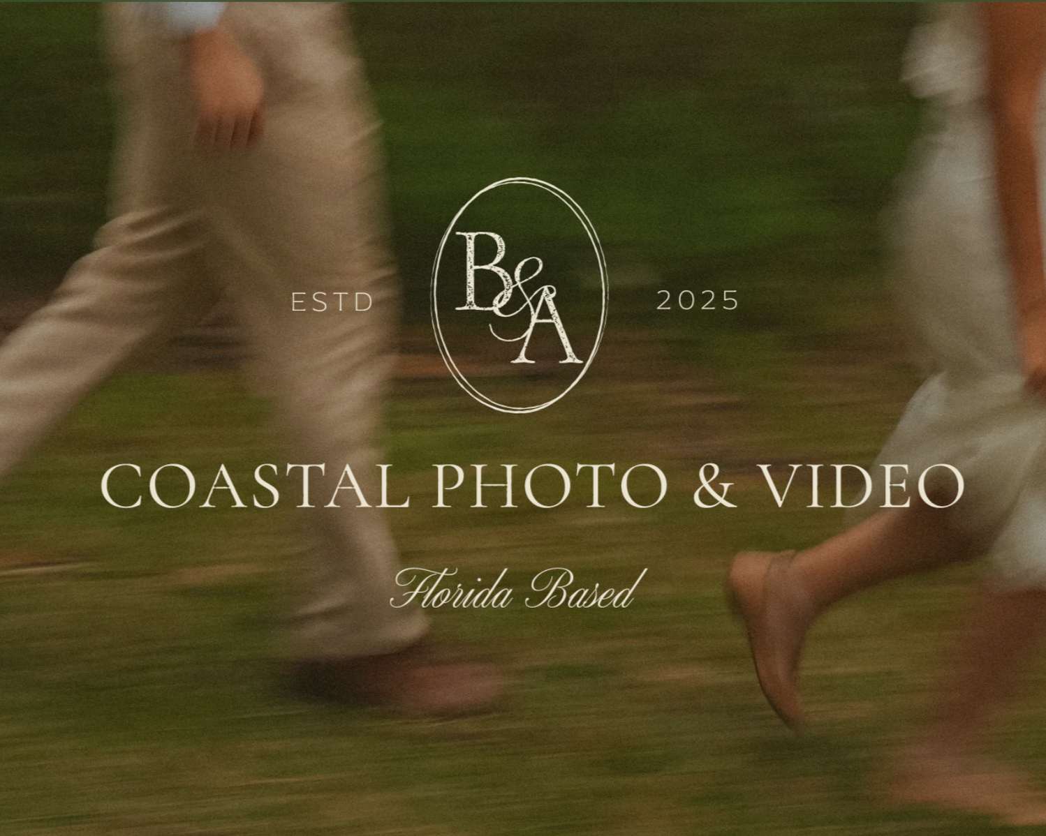 Blurry background of people walking on grass with the logo and text overlay of a coastal photography business, established in 2025, based in Florida.