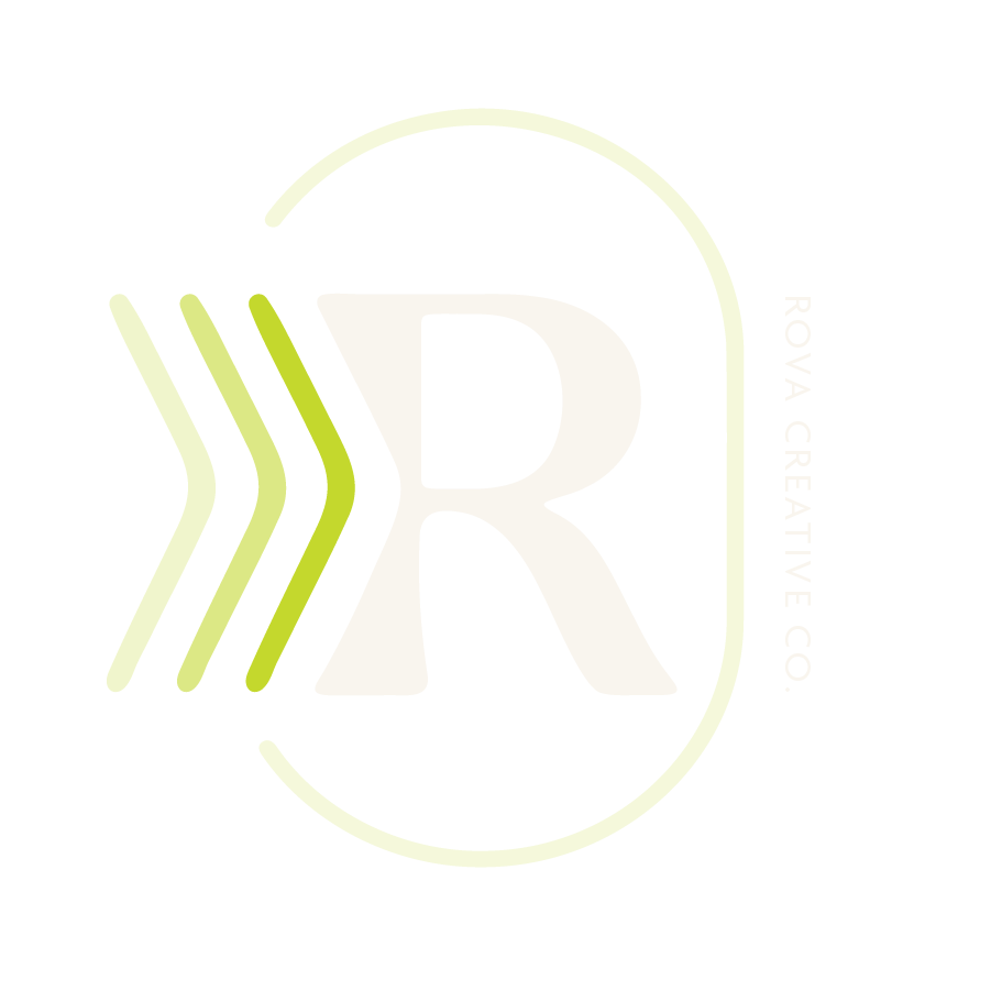 Logo with a large letter R, three parallel lines on the left, and a partial oval outline in lime green, with the text 'ROVA CREATIVE CO.' on the right side.