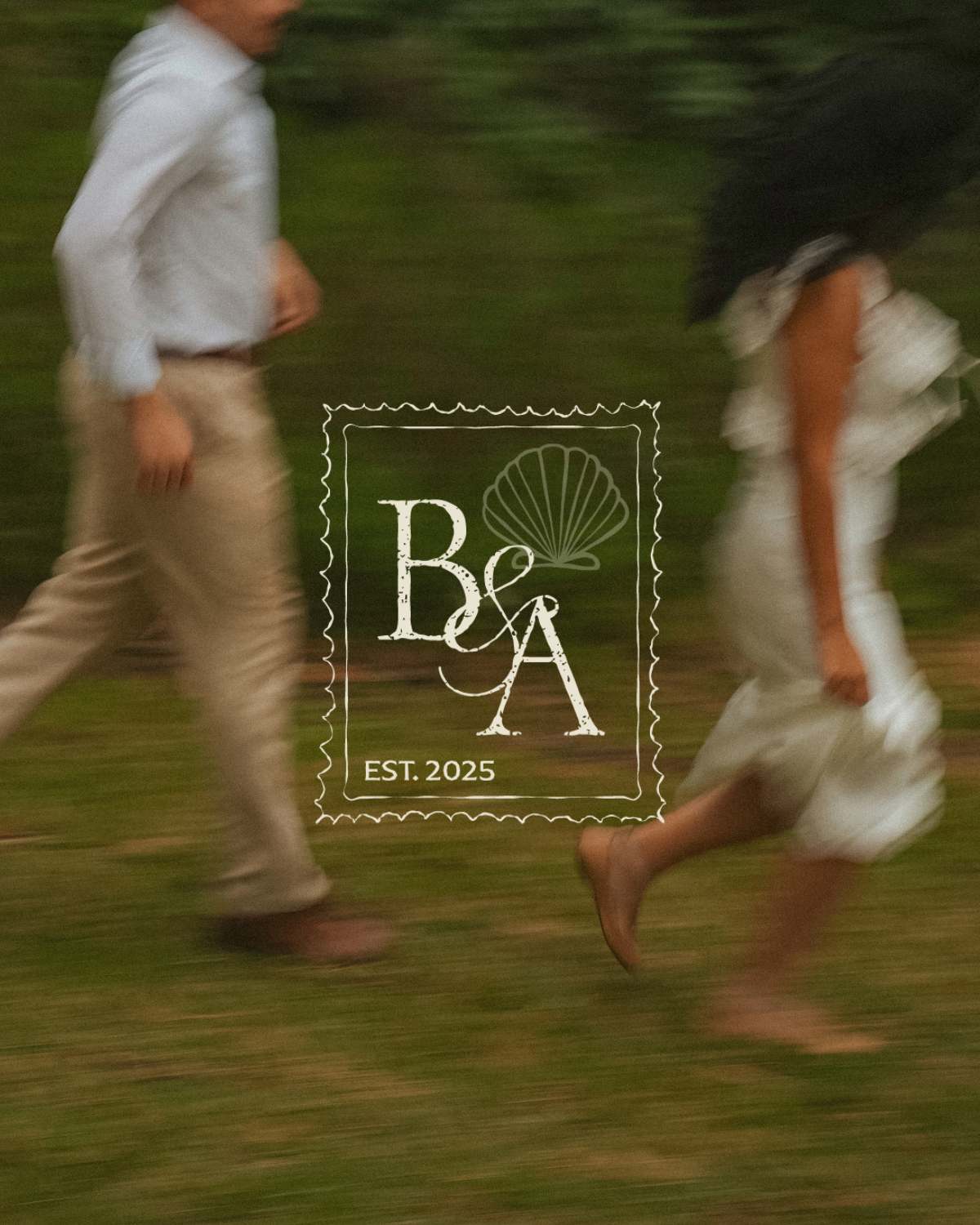 Two children running outdoors on grass during daytime, with motion blur. A logo overlay features the text 'B&A', a shell graphic, and 'EST. 2025'.