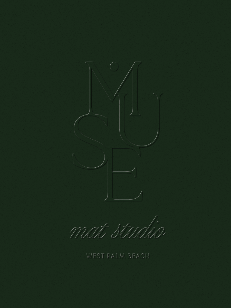 Dark green background with embossed text reading 'MUSE mat studio WEST PALM BEACH' in stylish, minimal font.