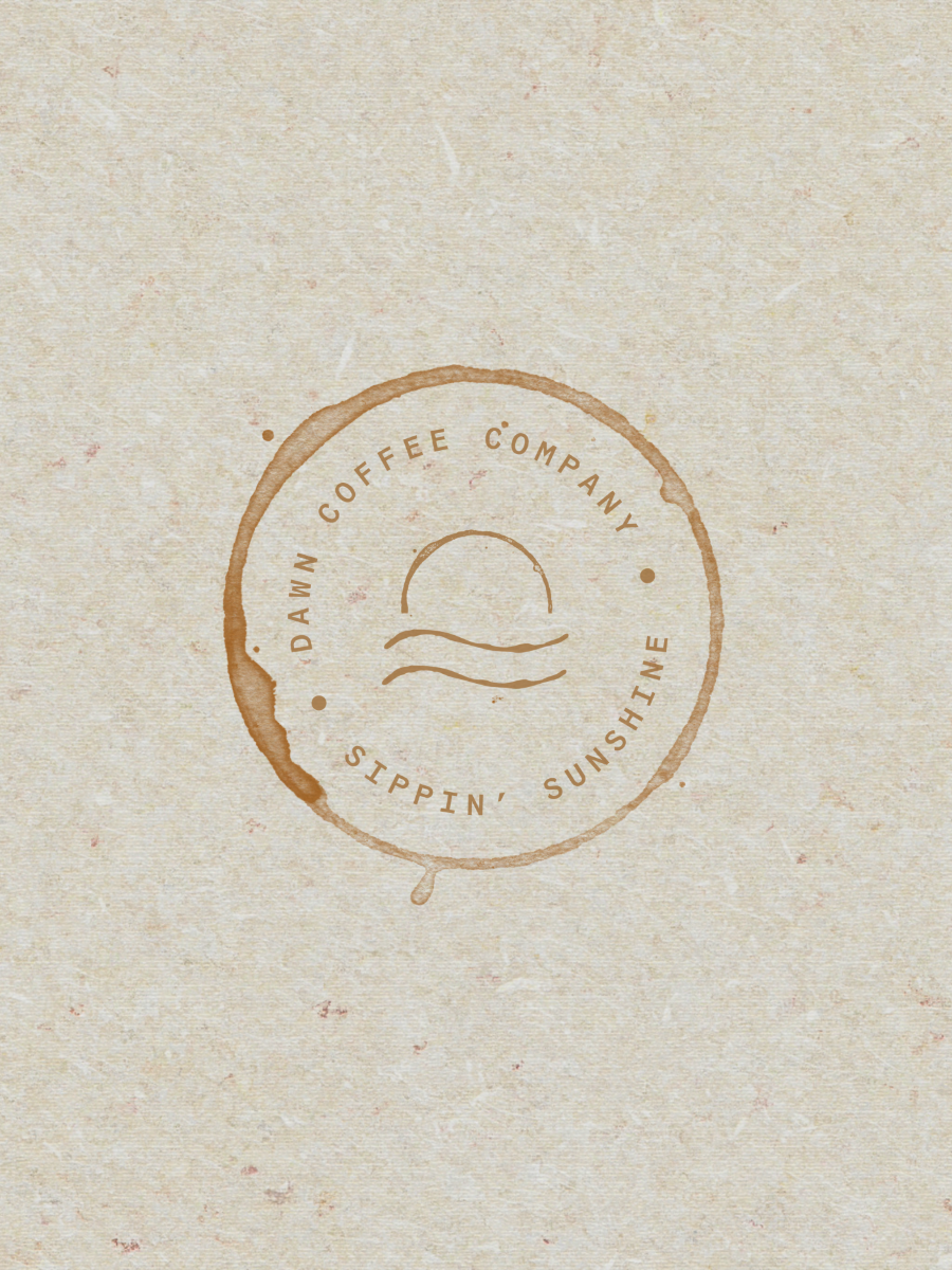 A circular coffee-themed logo with the words 'Dawn Coffee Company' and 'Sippin' Sunshine' around the circle, featuring a minimalist sun and wave design in the center on a textured beige background.