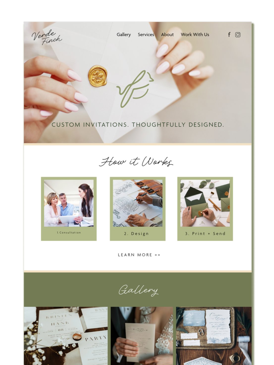 A website homepage for a custom invitation business featuring a woman holding an envelope sealed with a wax stamp, with navigation links, service steps, and gallery images of wedding invitations.