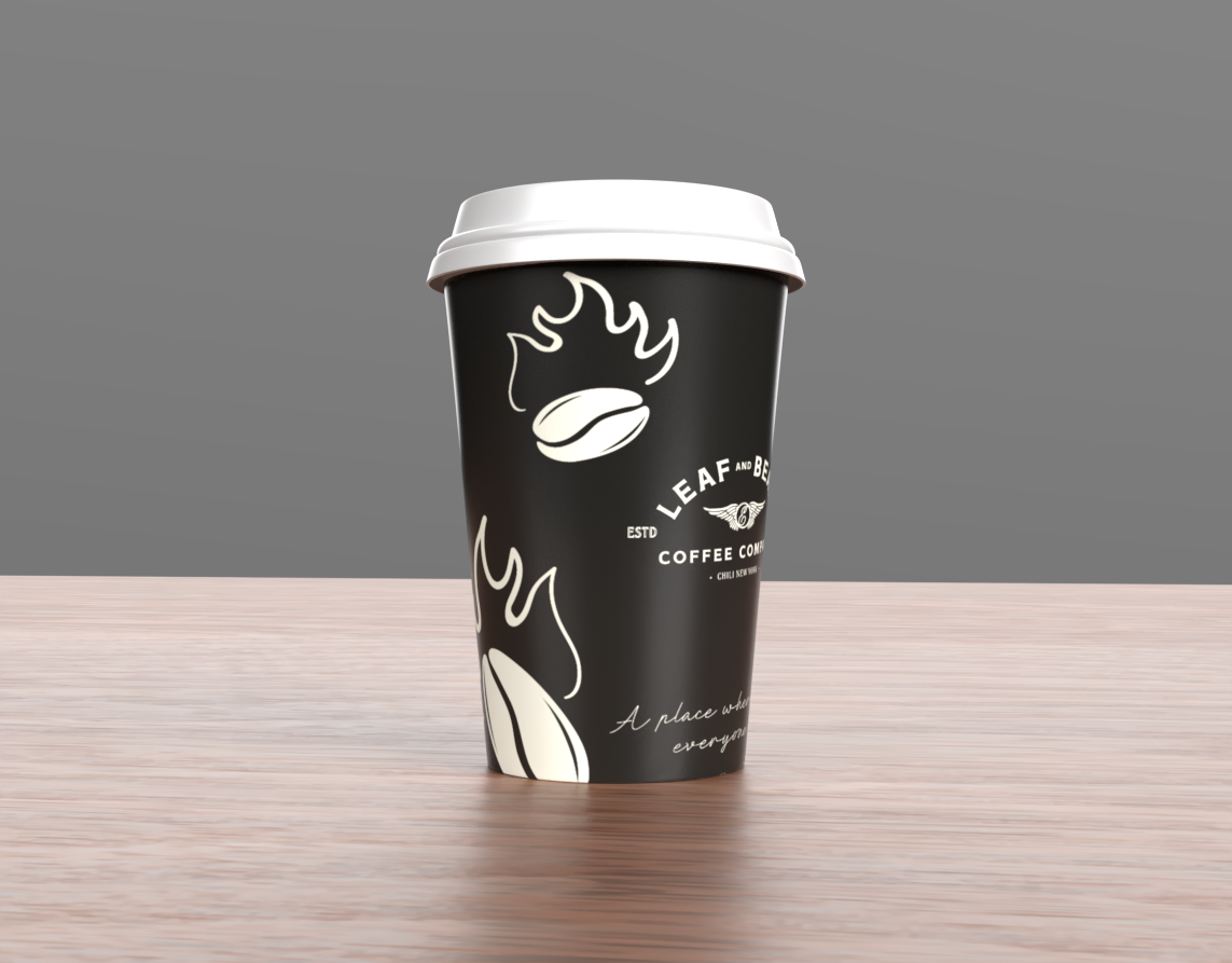 A black coffee cup with a white lid on a wooden surface, featuring a logo with a coffee bean and flames, and the text 'LEAF AND BEAN' and 'A place where everyone'.