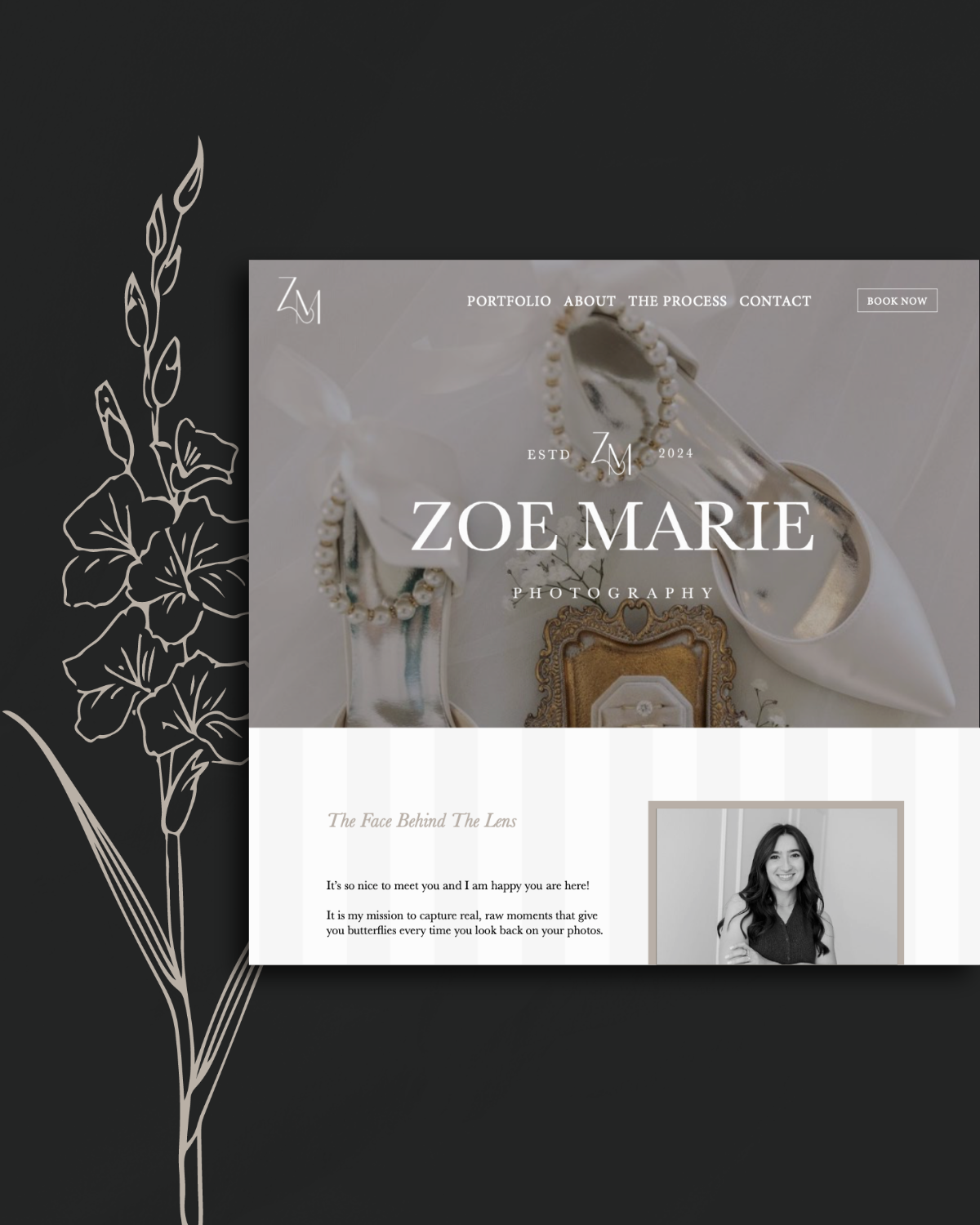A website homepage for Zoe Marie Photography with a black floral illustration on the left, a white content box in the center featuring black and beige text, a black and white photo of a smiling woman in the bottom right, and a background of shoes and
