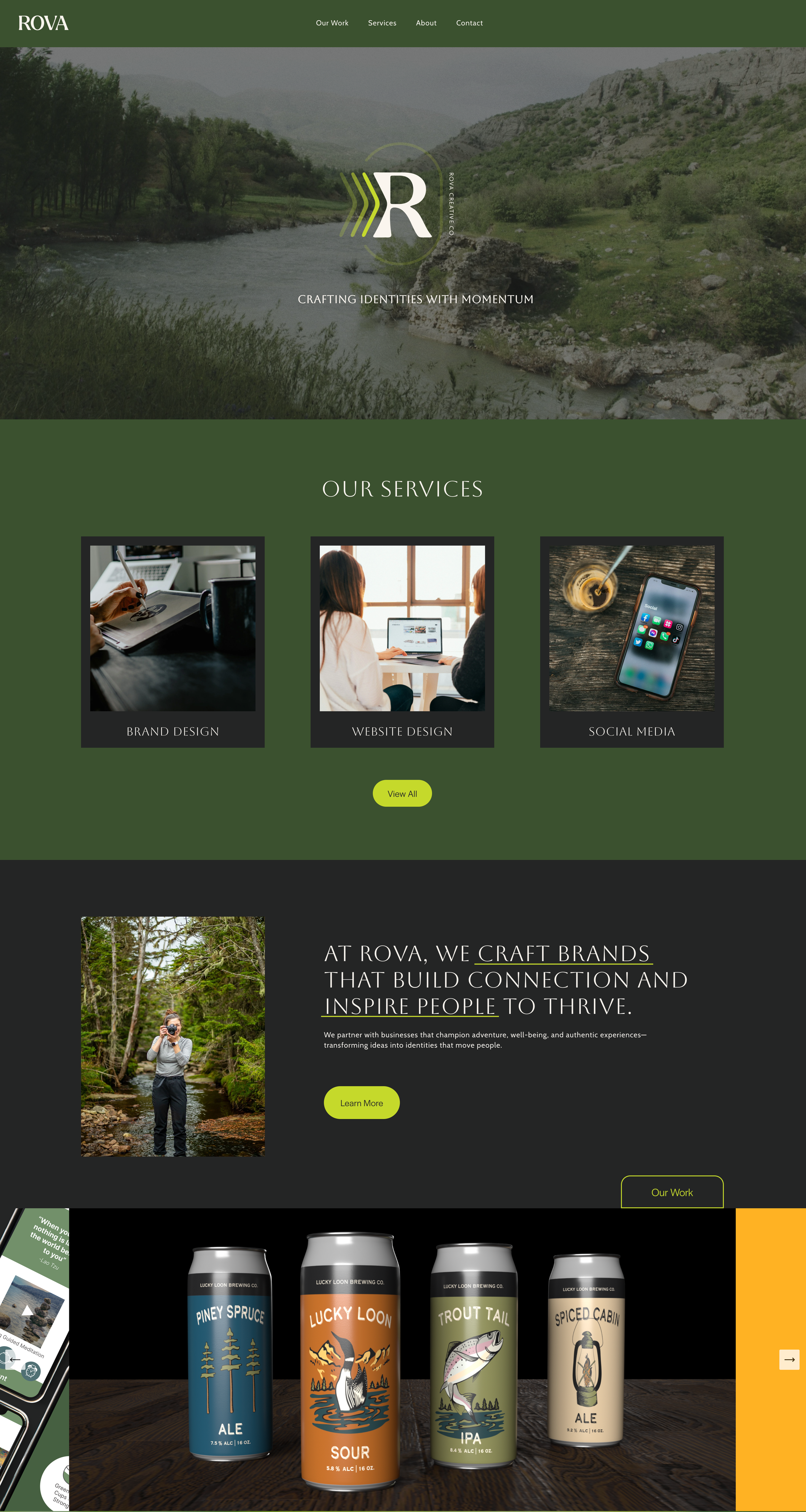 Website homepage for ROVA with a scenic river landscape, sections for services like brand design, website design, social media, and a display of craft beer cans.
