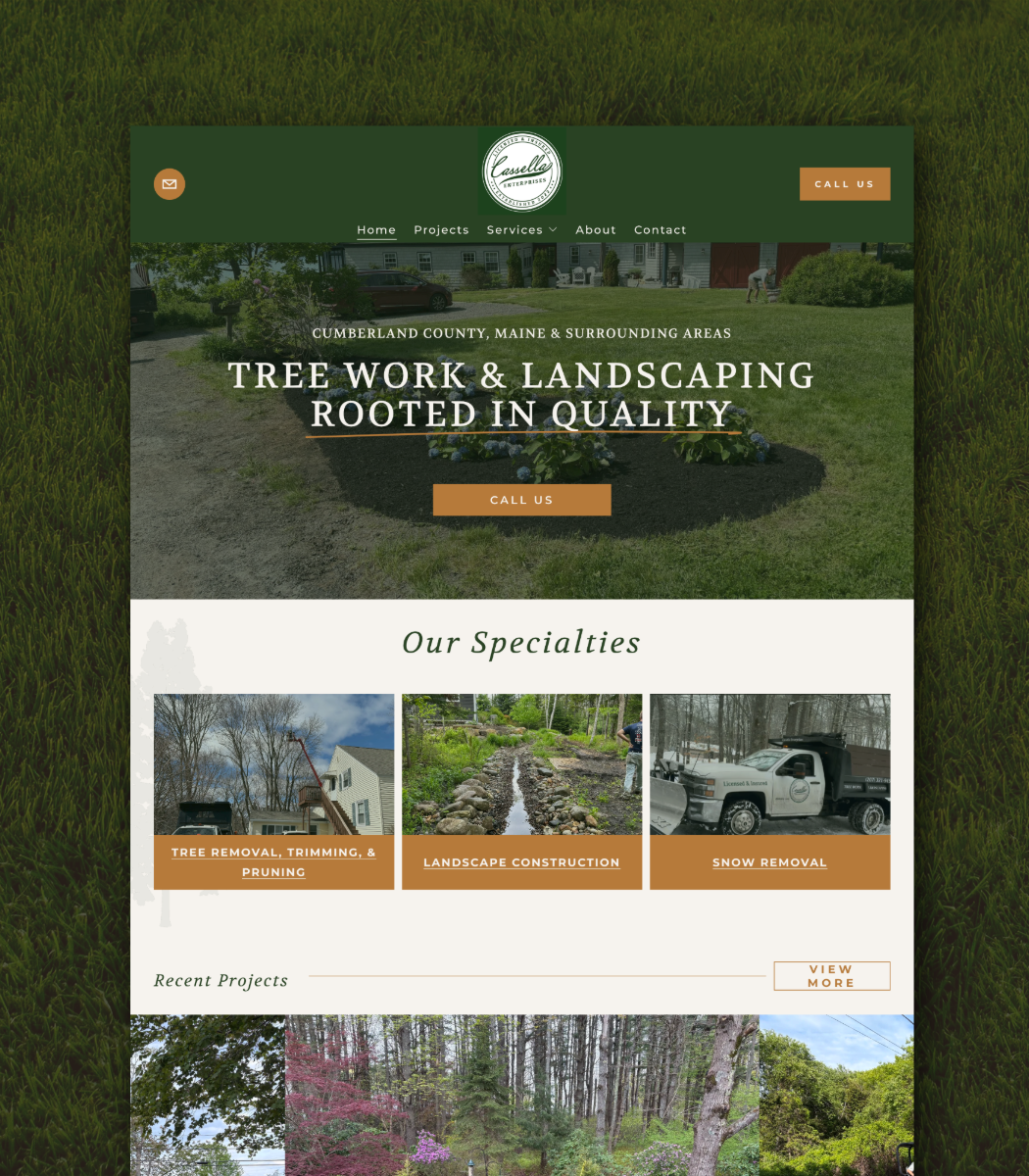 Homepage of a landscaping company's website with a green header, logo, contact buttons, a background image of a landscaped yard, and featured sections on tree removal, landscape construction, and snow removal.
