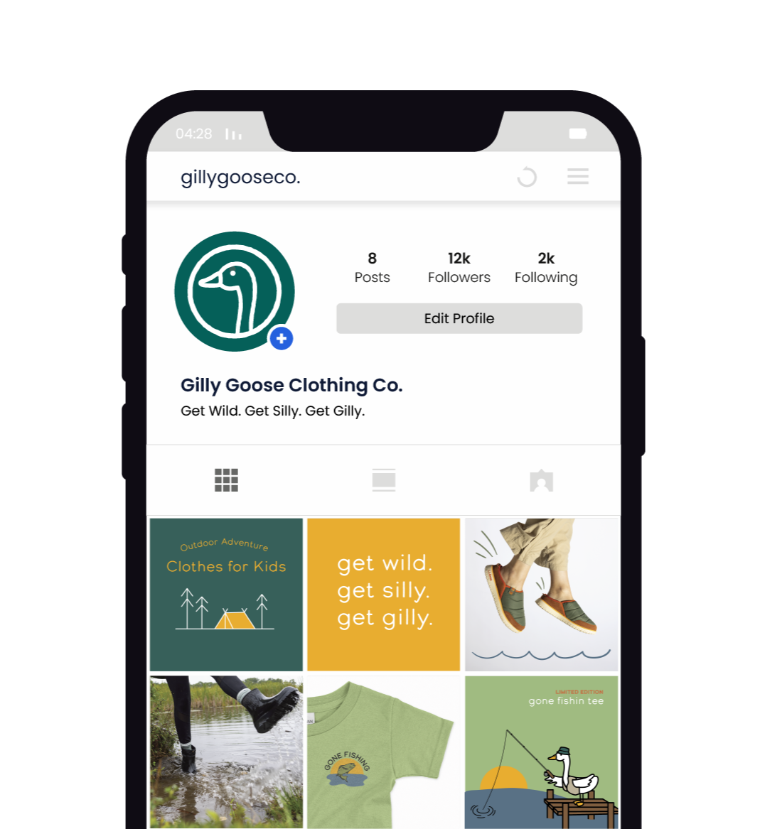 Instagram profile page for Gilly Goose Clothing Co., featuring the logo with a goose, and product photos including shirts, shoes, and outdoor adventure clothing.